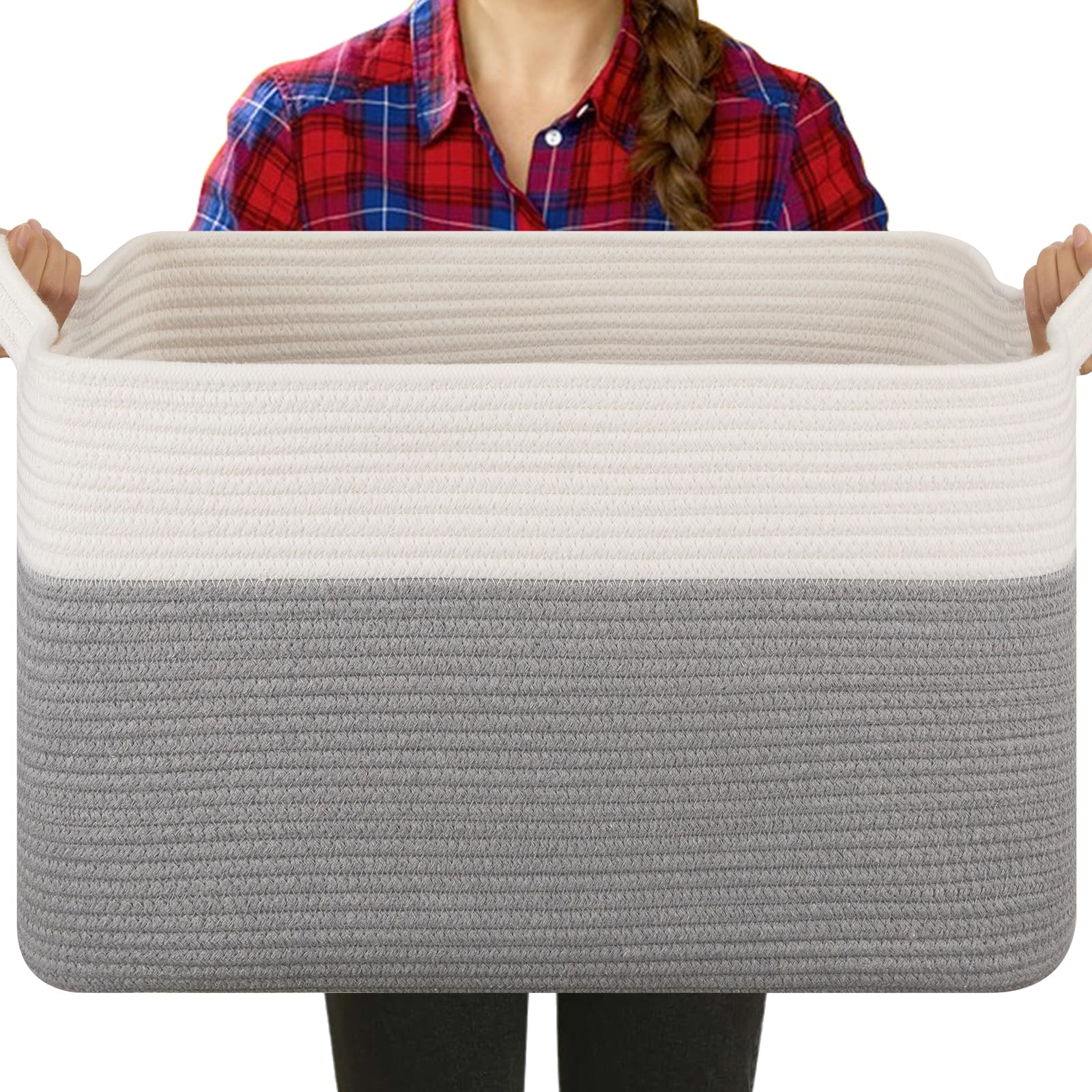 OIASKET blanket basket, rectangular grey-white, ideal for organizing blankets on shelves for quick access