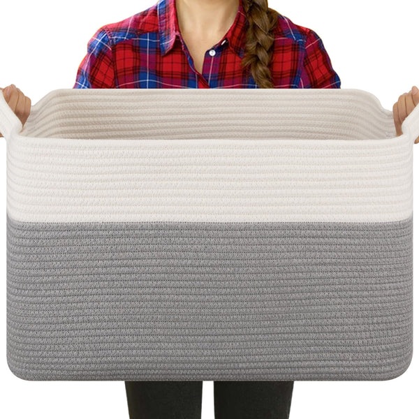 OIASKET blanket basket, rectangular grey-white, ideal for organizing blankets on shelves for quick access