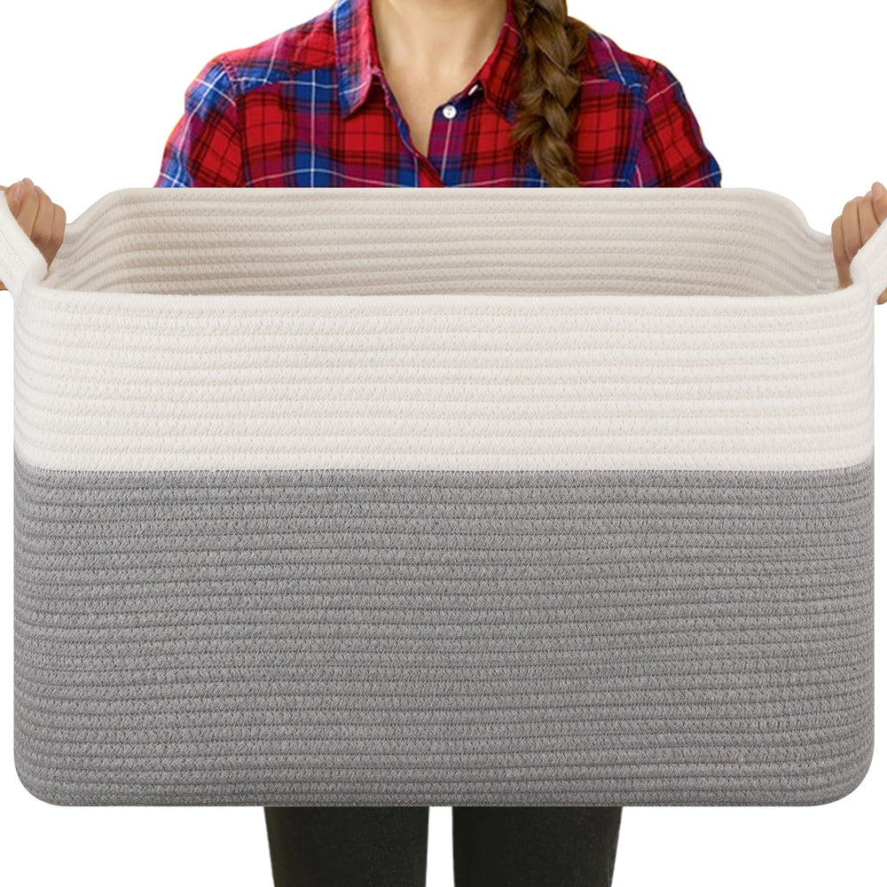 OIASKET blanket basket, rectangular grey-white, ideal for organizing blankets on shelves for quick access
