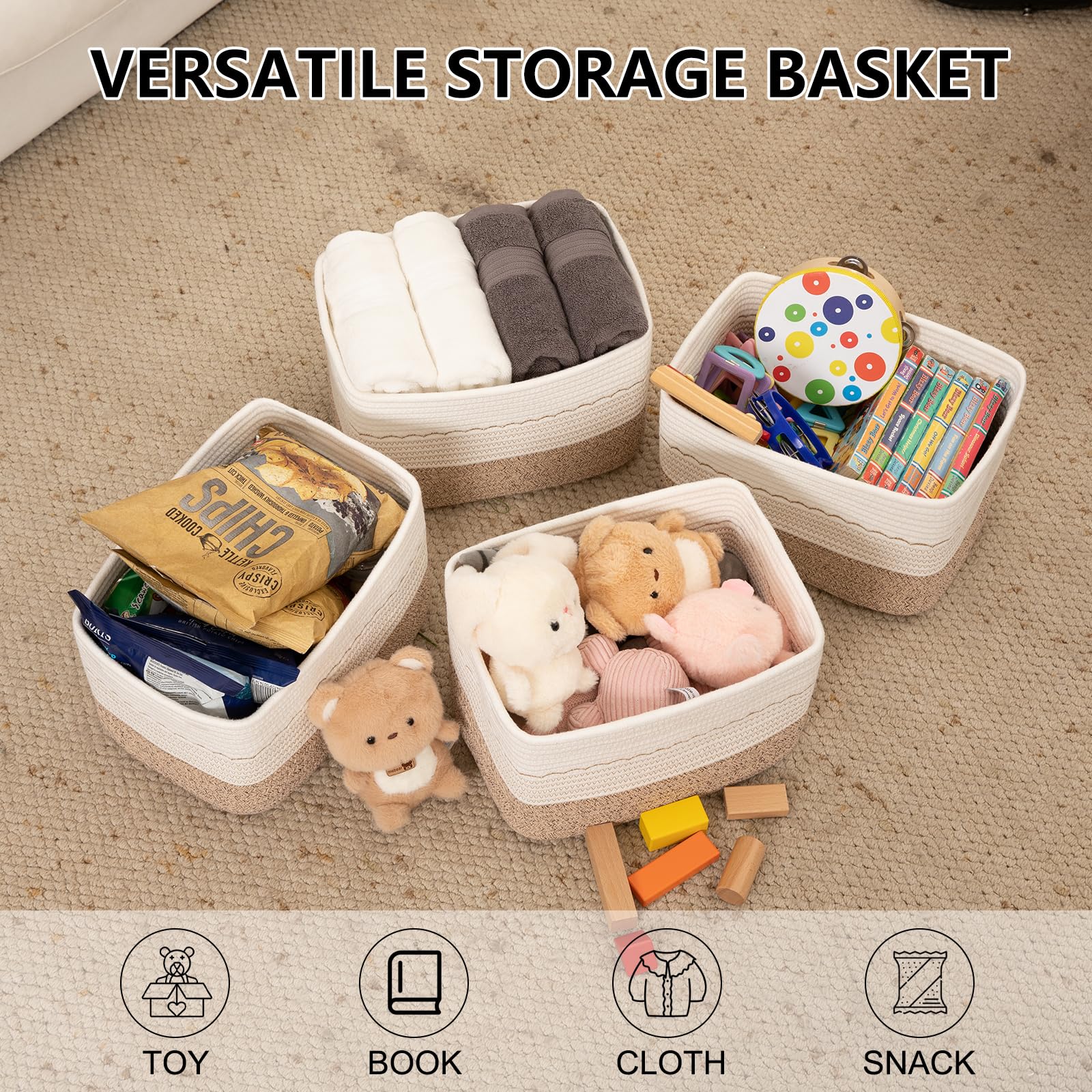 OIASKET cotton rope basket with built-in handles in brown and white