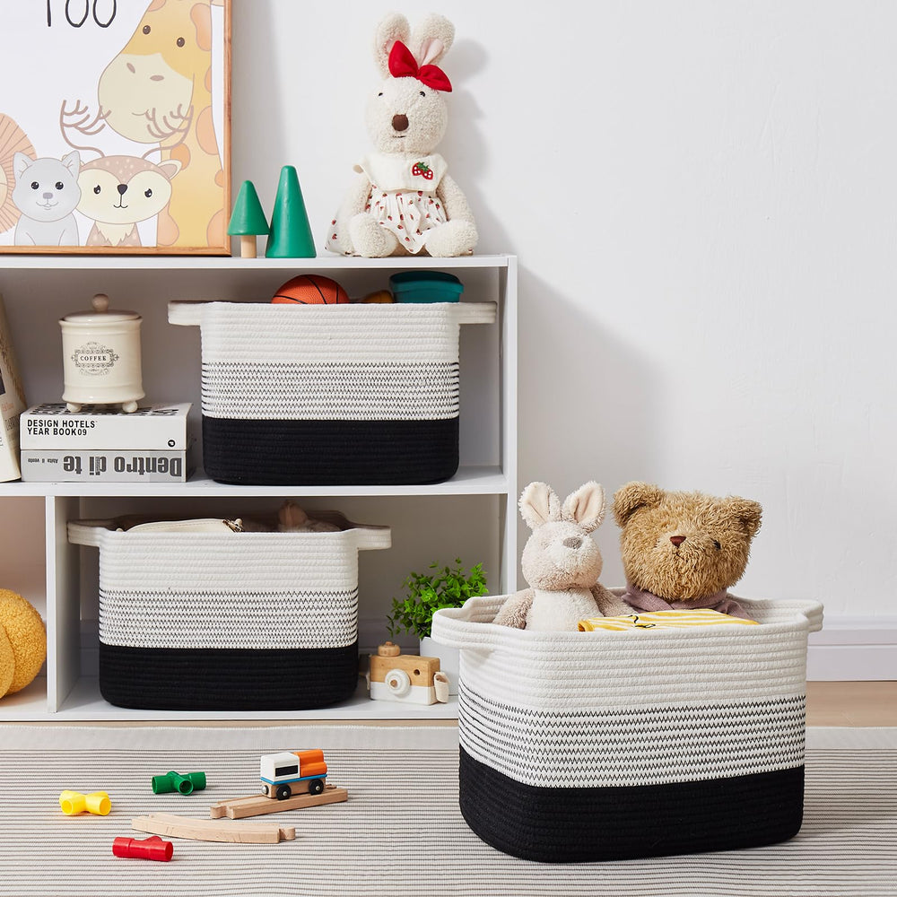 OIASKET nursery setup with gradient black woven baskets for decor