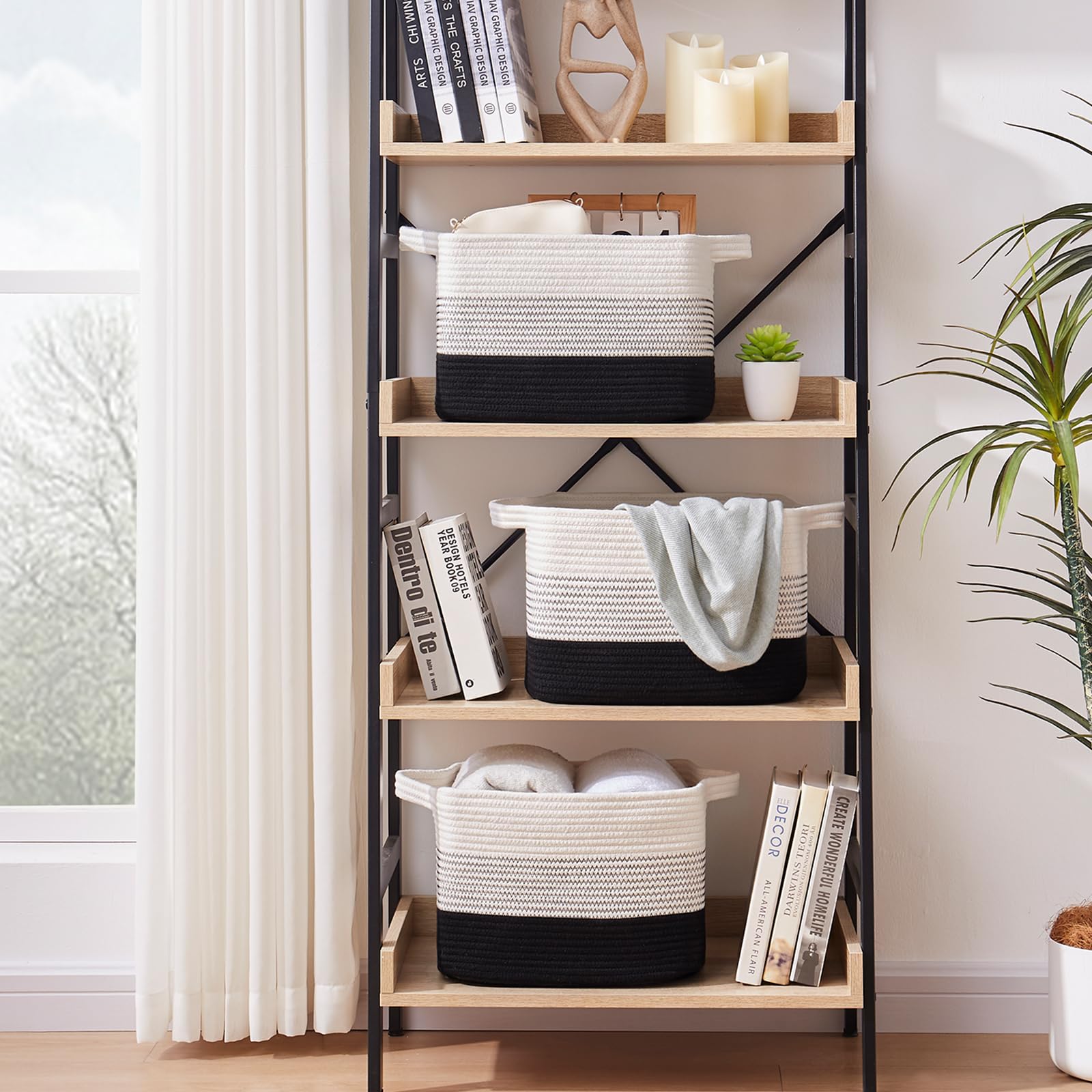 OIASKET gradient black baskets arranged on a shelf for tidy storage