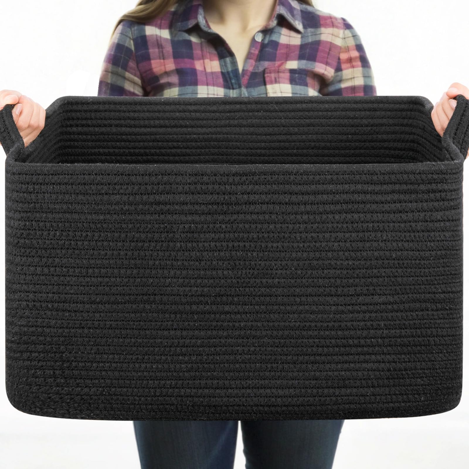 OIASKET large black blanket basket, rectangle, for easy blanket storage in living spaces