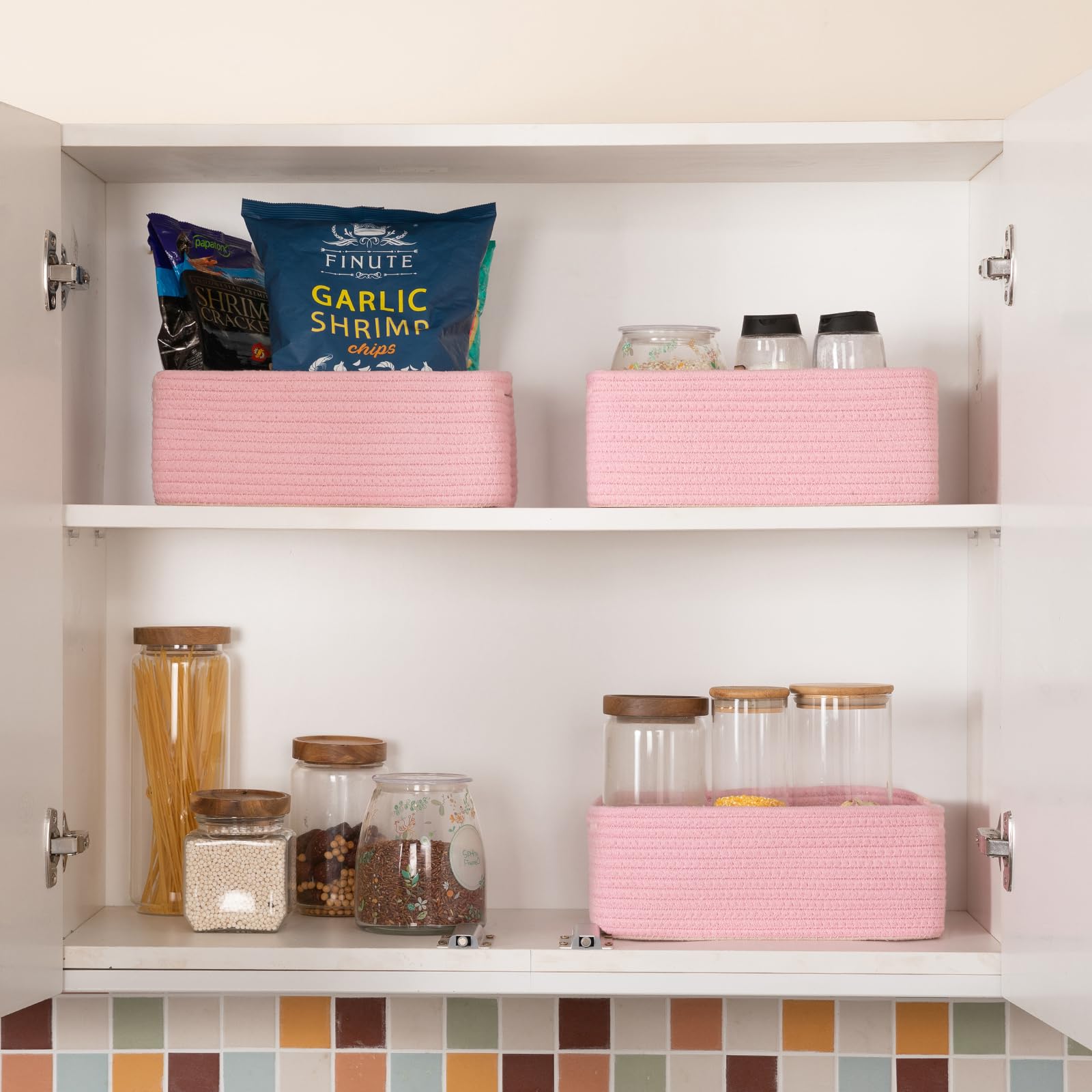 OIASKET compact baskets fit shelves, desks, and bathroom vanities.
