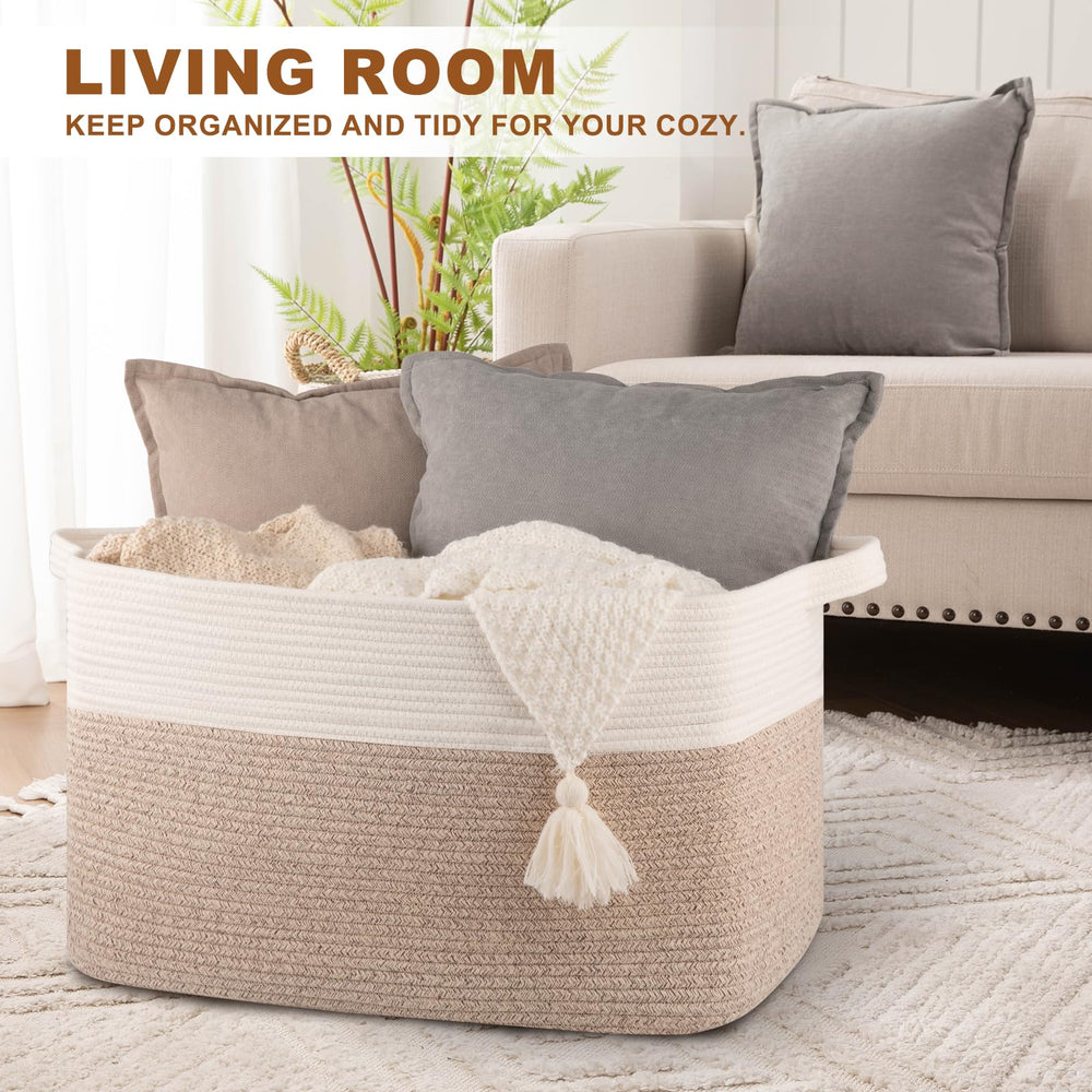 OIASKET living room basket for pillows and blankets blends with brown and white decor.