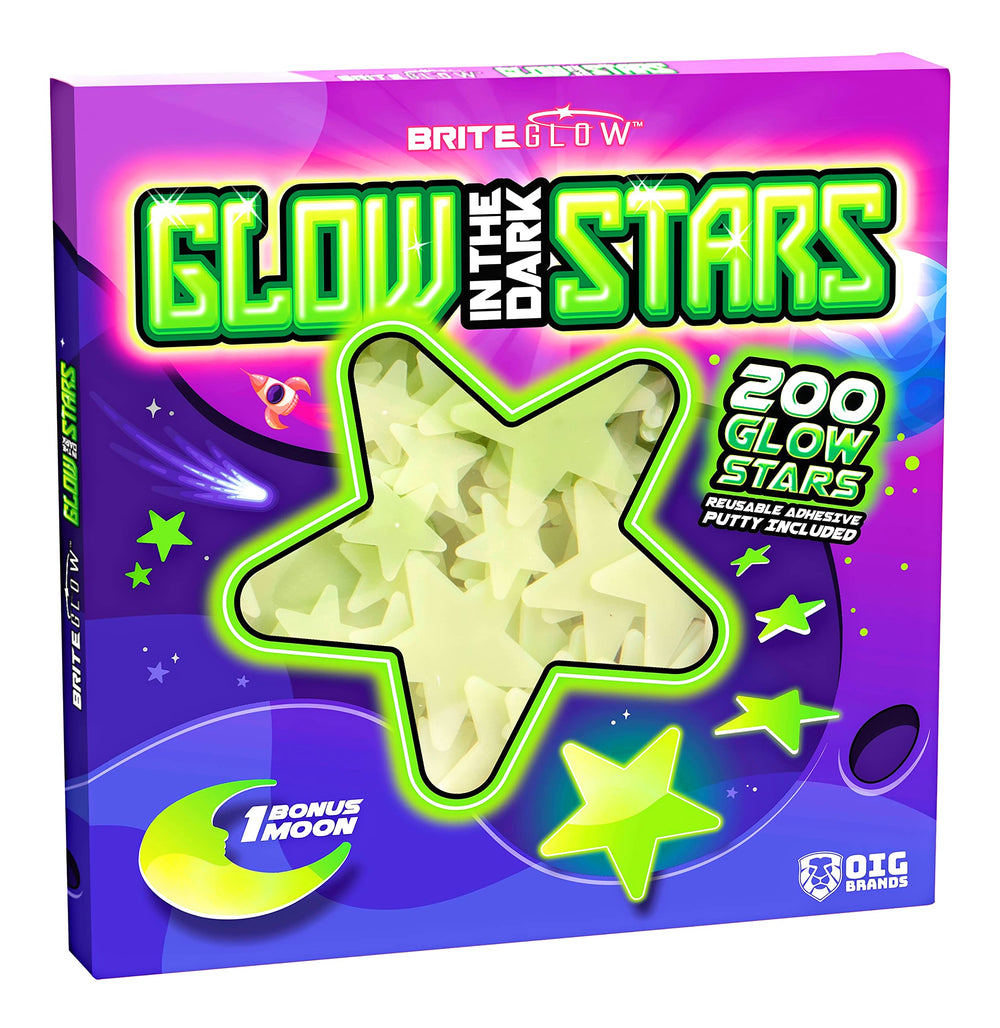 OIG Brands green glow stars on ceiling brighten a space-themed bedroom.