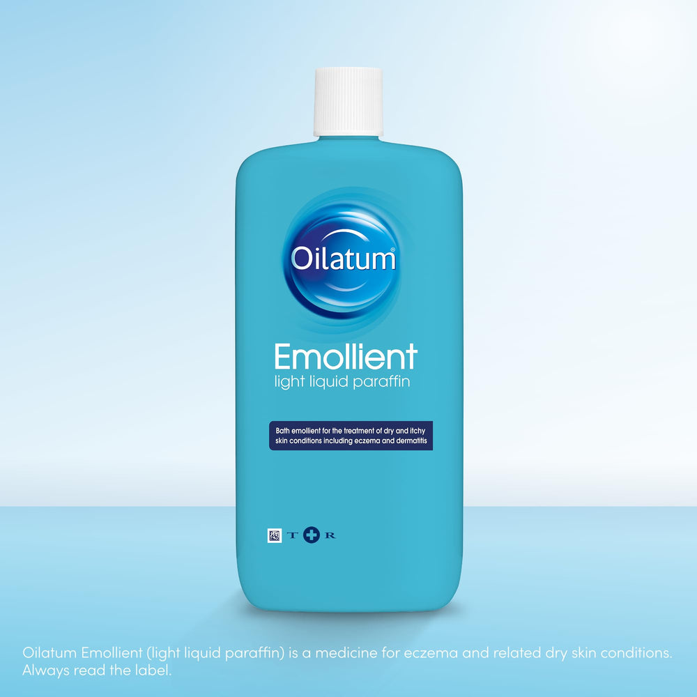 Oilatum Emollient 500ml packaging label highlighting moisturizing properties.