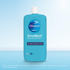 Oilatum Emollient 500ml packaging label highlighting moisturizing properties.
