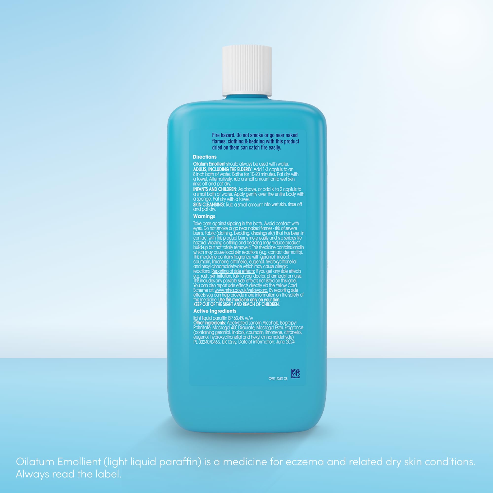 Close-up texture of Oilatum Emollient 500ml showing rich emollient film.