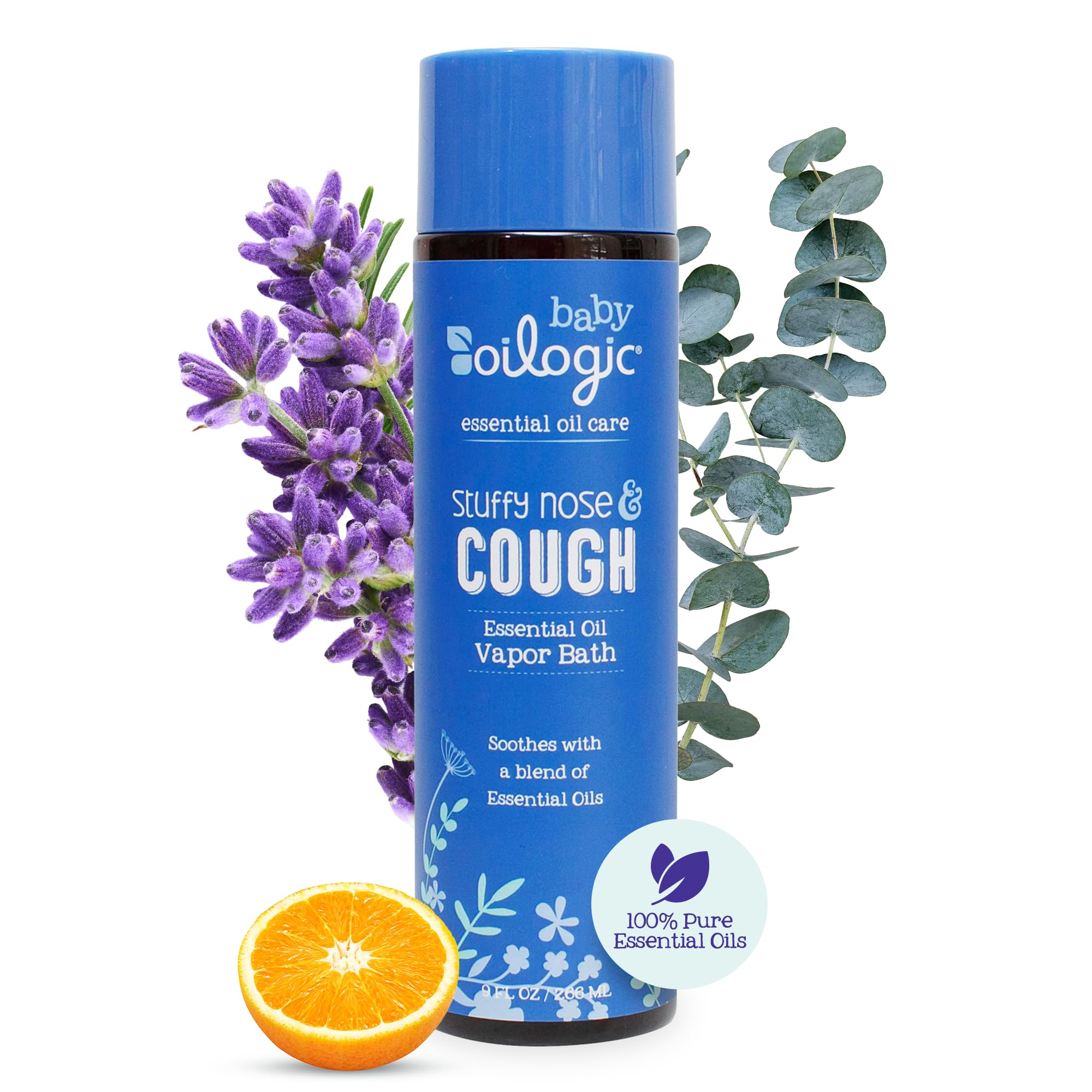 Oilogic Stuffy Nose Cough Vapor Bath bottle pouring to release soothing vapors for babies