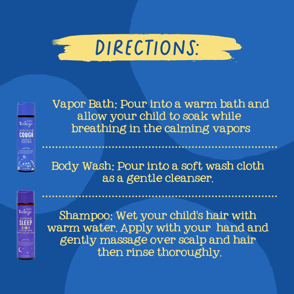 Oilogic Stuffy Nose Cough Vapor Bath in use image demonstrates a calming bath routine.