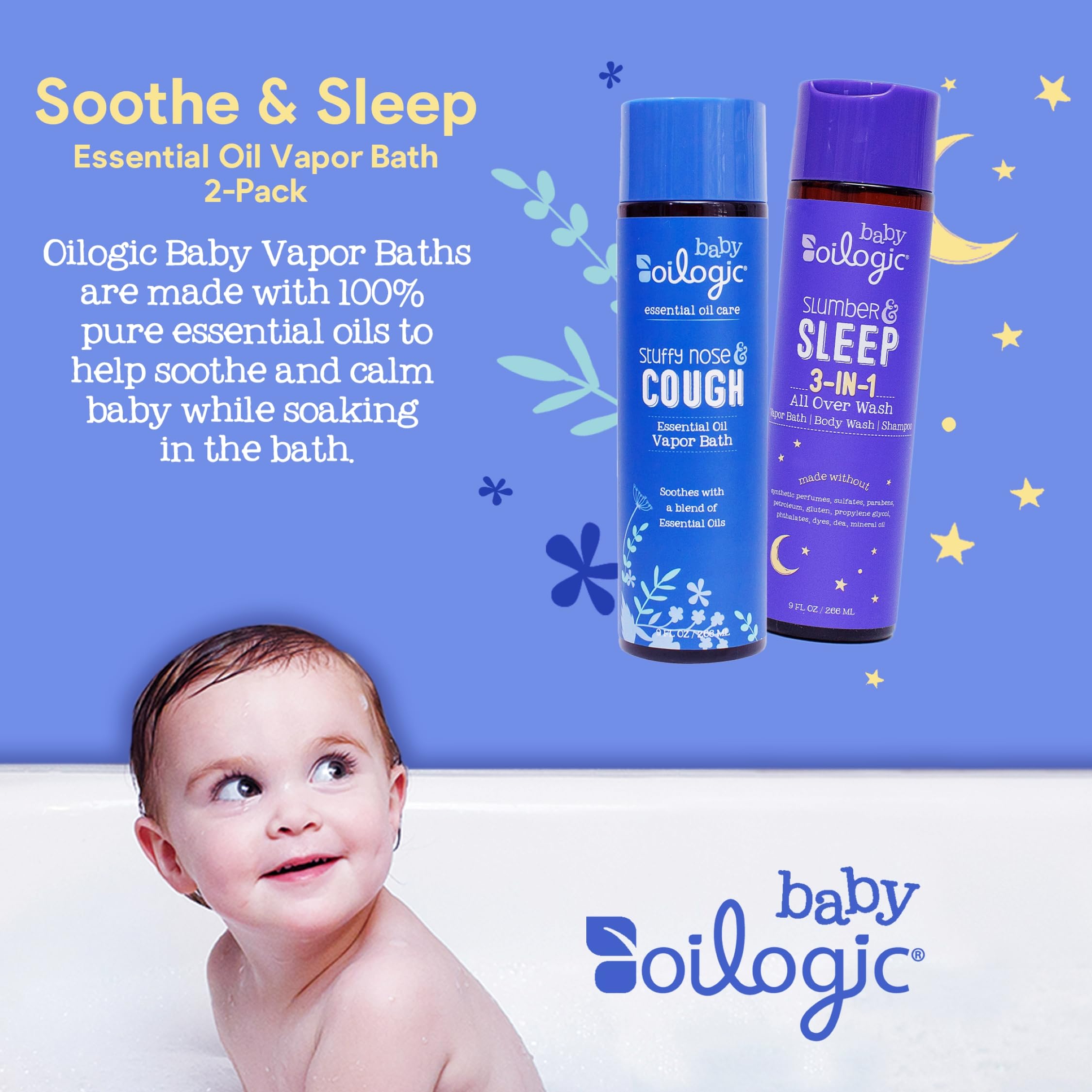 Oilogic Stuffy Nose and Cough Vapor Bath image illustrating soothing vapors for easier breathing.