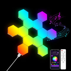 OJQ twelve-pack hexagon wall panels provide vibrant RGB color lighting for mood settings.