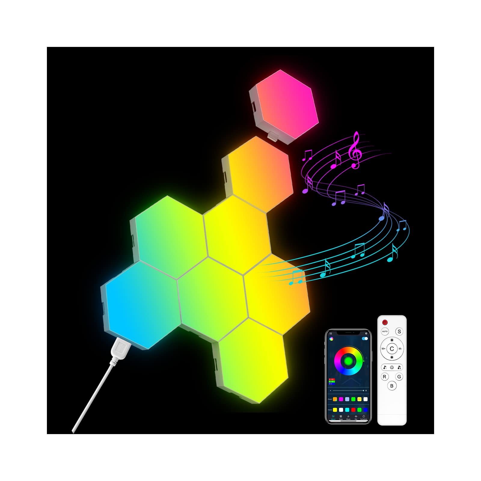 OJQ 8-pack hexagon lights in color-changing mode for ambient room decor.