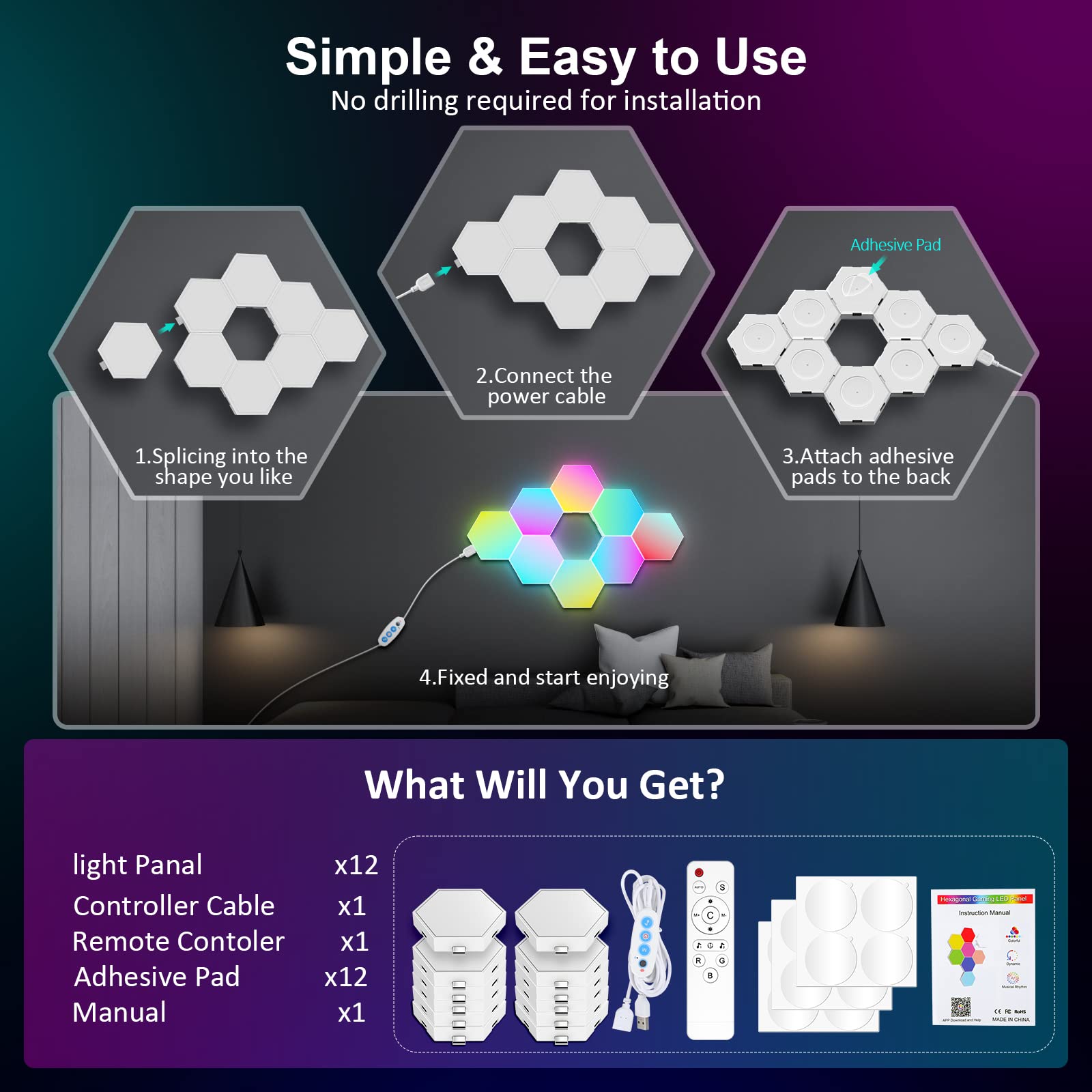 OJQ hexagon lighting creates dramatic ambience in bedrooms and gaming rooms.