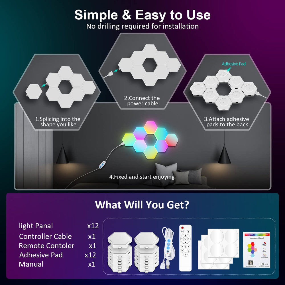 OJQ hexagon lighting creates dramatic ambience in bedrooms and gaming rooms.