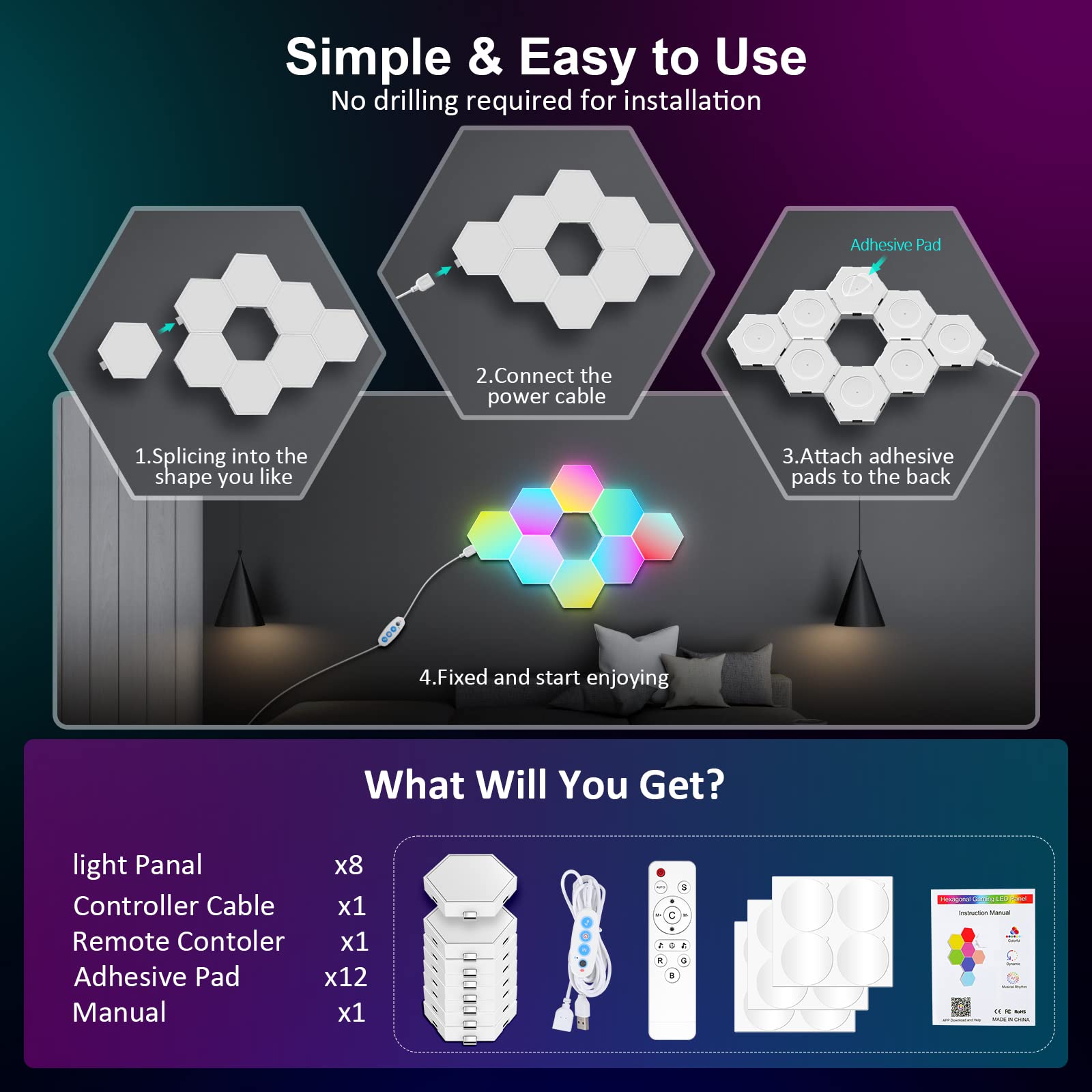 OJQ gift-pack hexagon lights offer ambient lighting for gifting.