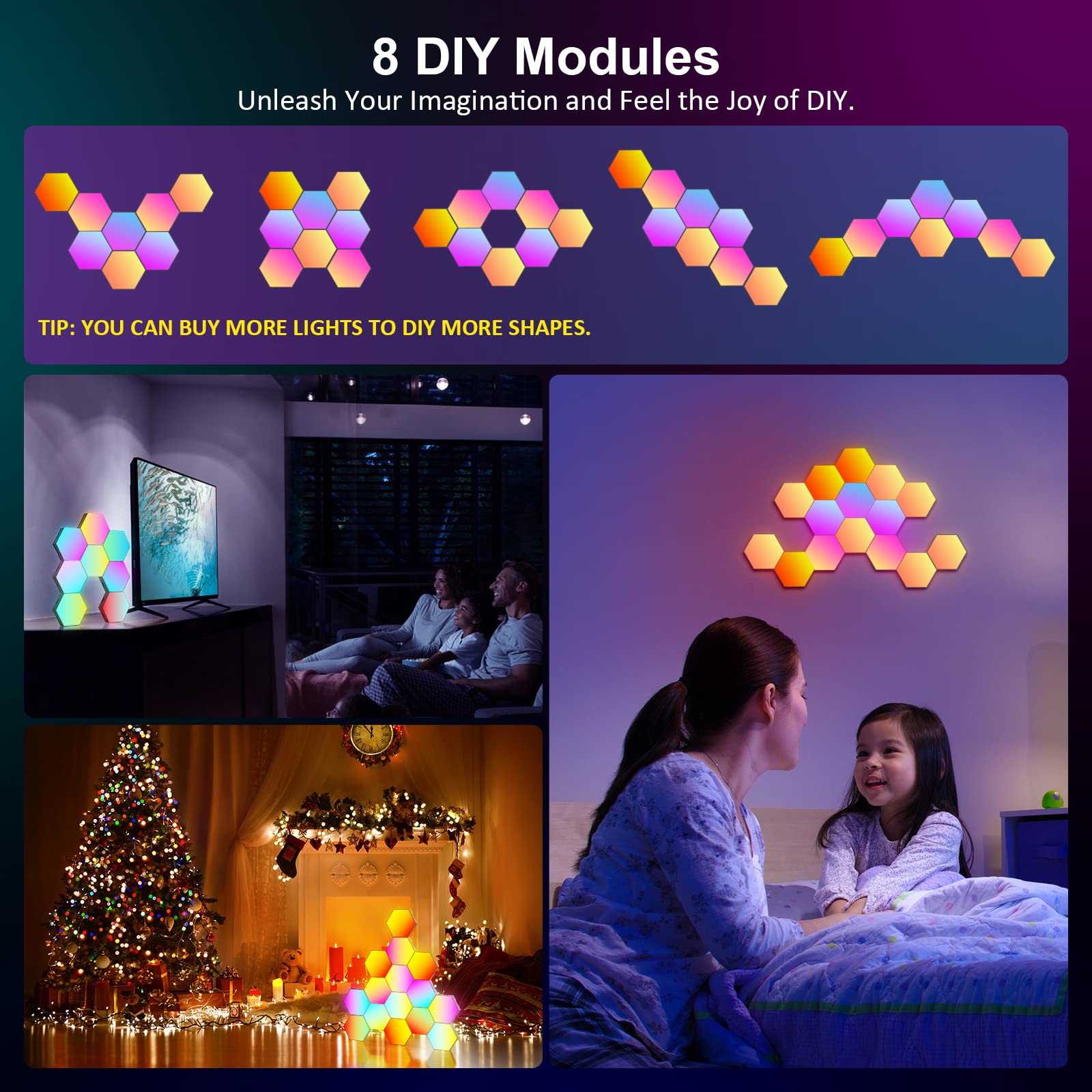 OJQ hexagonal lights powered by USB for easy setup at home.