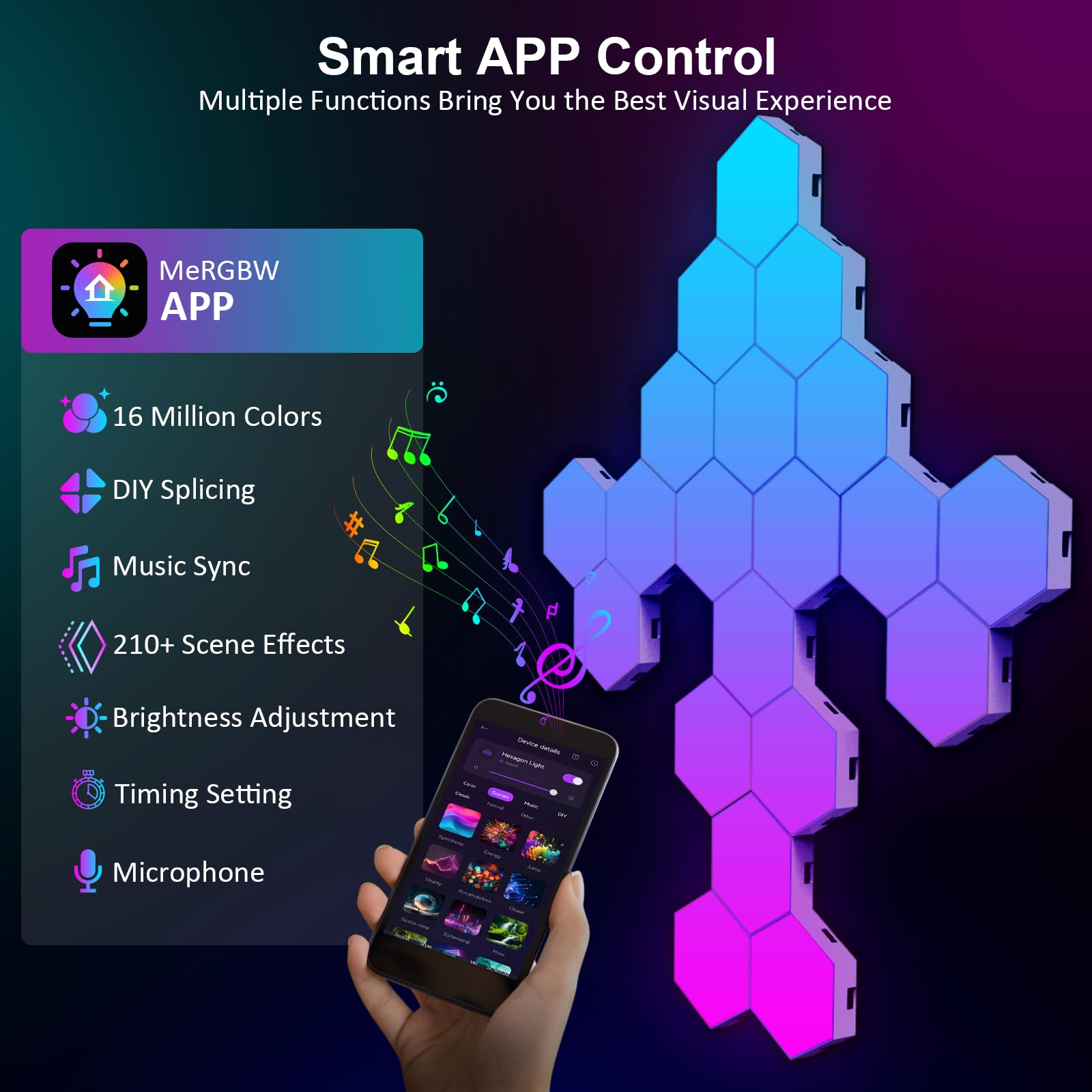 OJQ hexagon light panels sync with music for immersive gaming or parties.