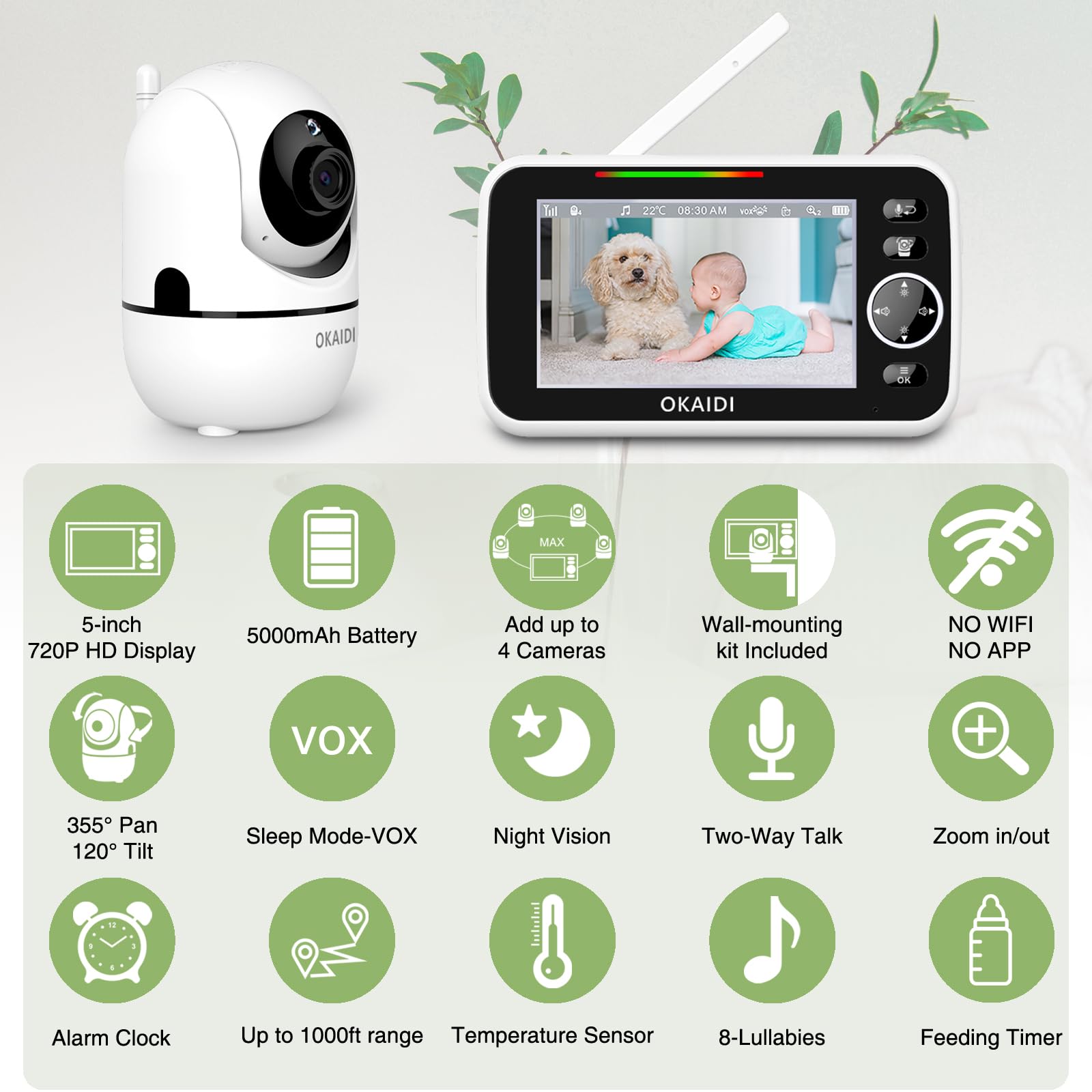 OKAIDI remote pan-tilt feature allows you to scan the nursery from anywhere.
