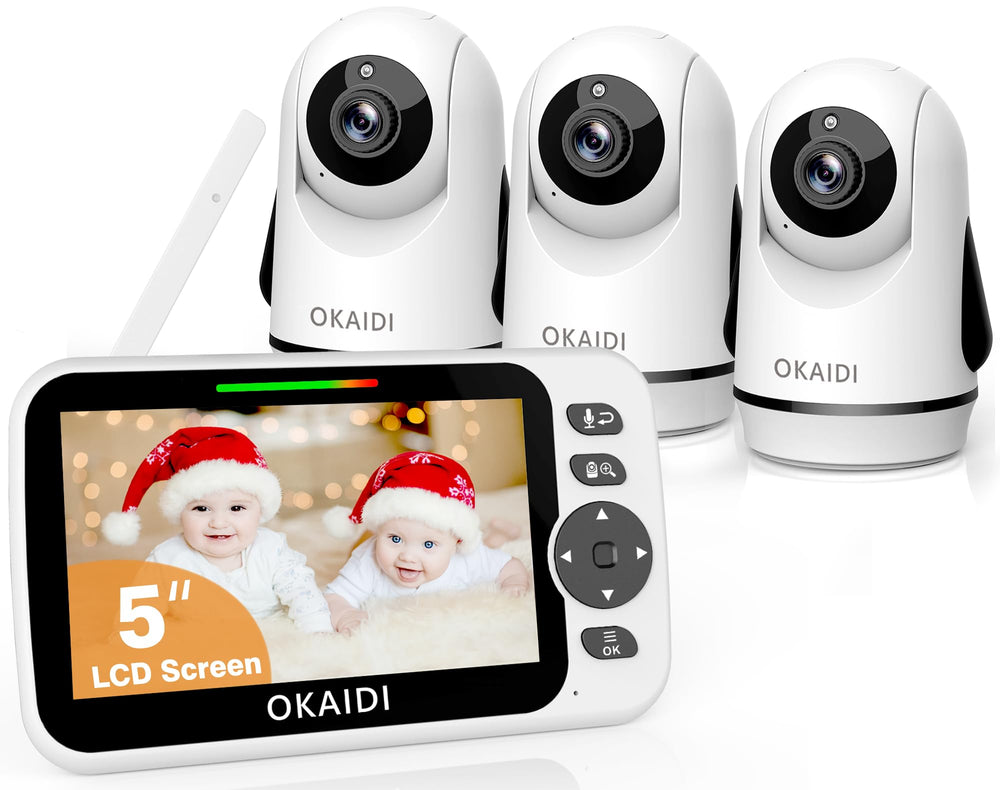 OKAIDI video baby monitor with three cameras on the display for full baby visibility.
