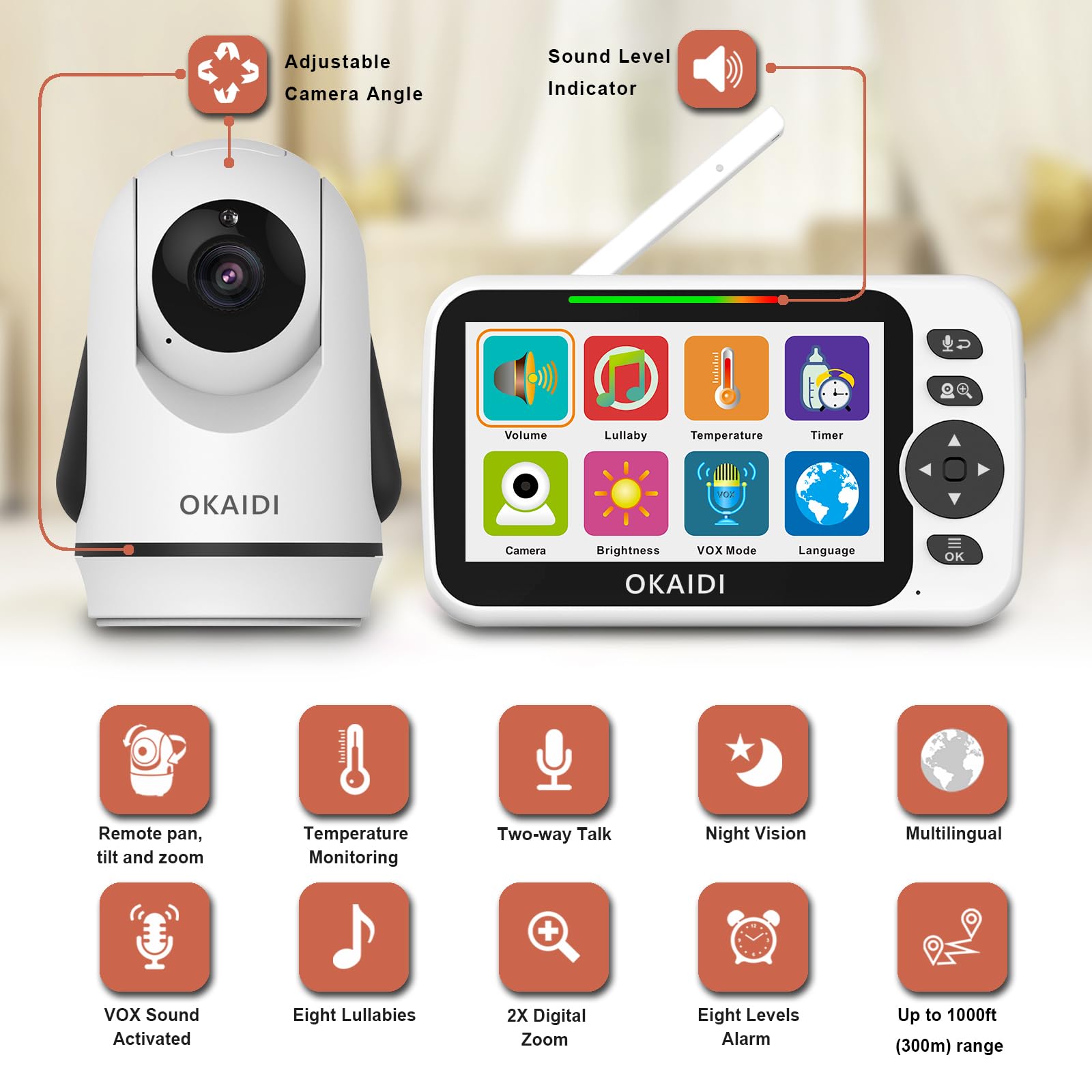 OKAIDI baby monitor night vision enables secure checks in the dark.