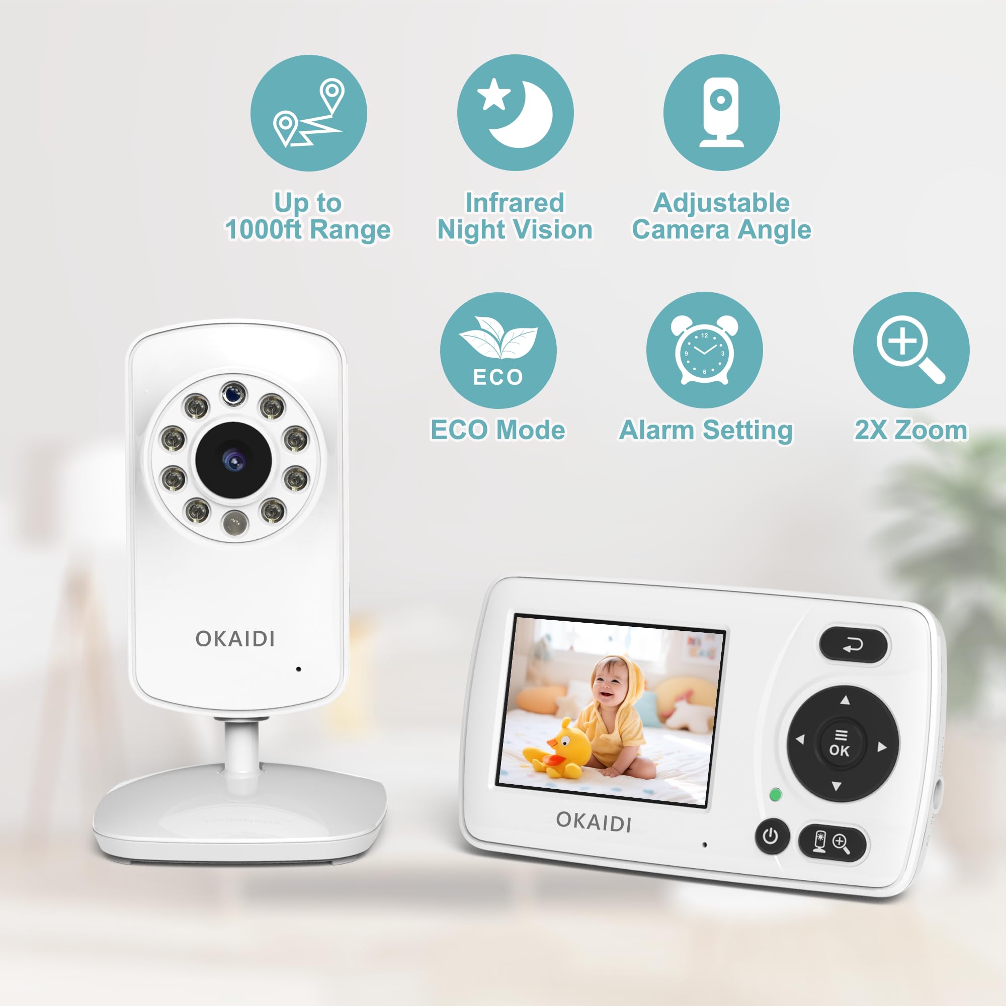 OKAIDI Video Baby Monitor night vision shows clear grayscale imagery.
