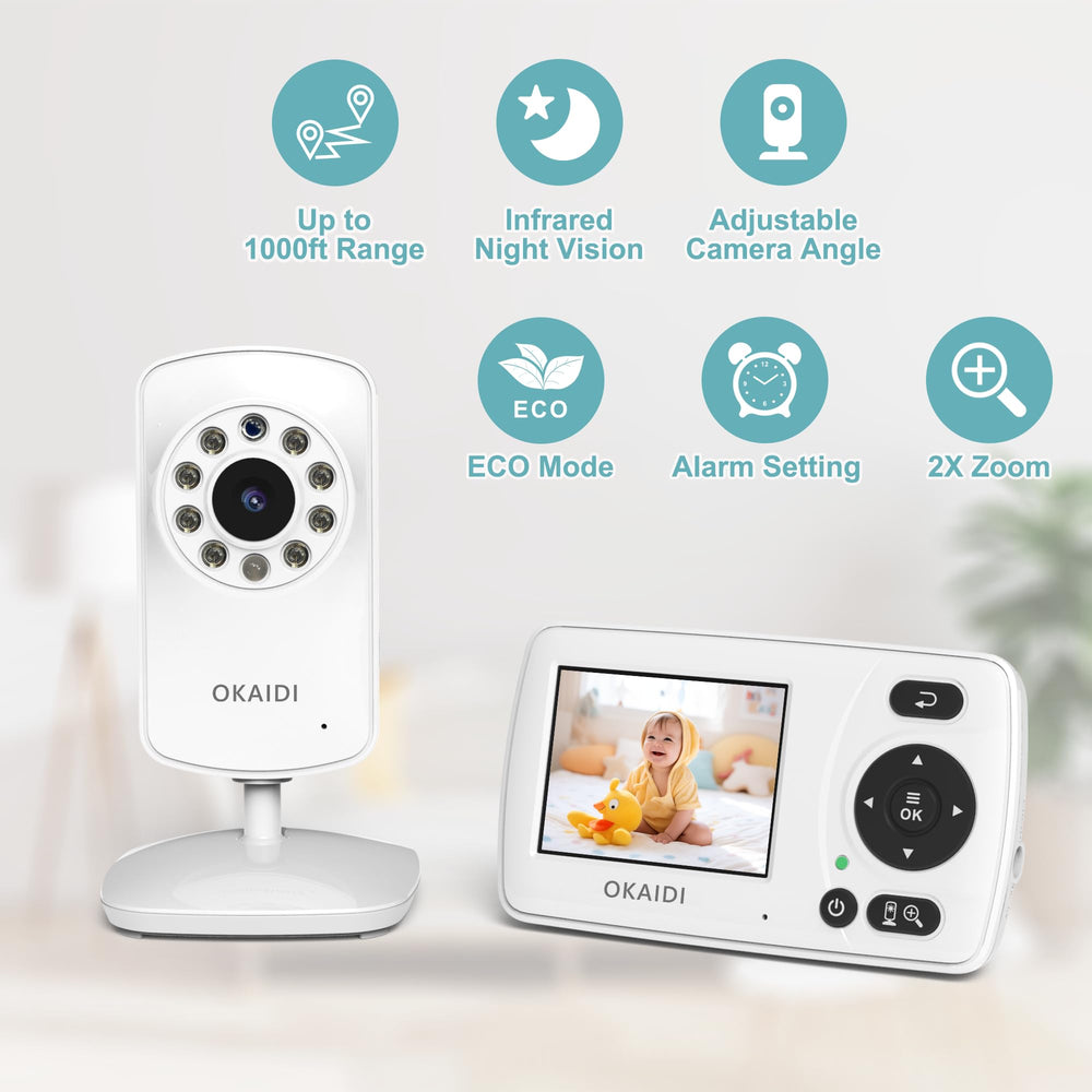 OKAIDI Video Baby Monitor night vision shows clear grayscale imagery.