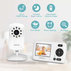 OKAIDI Video Baby Monitor night vision shows clear grayscale imagery.