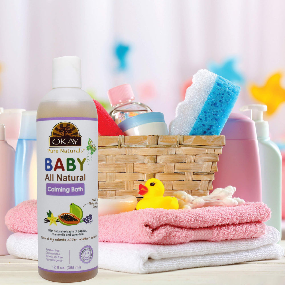 OKAY Baby Calming Bath bottle showcasing nourishing skin and hair care