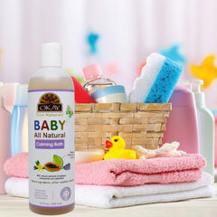 OKAY Baby Calming Bath bottle showcasing nourishing skin and hair care