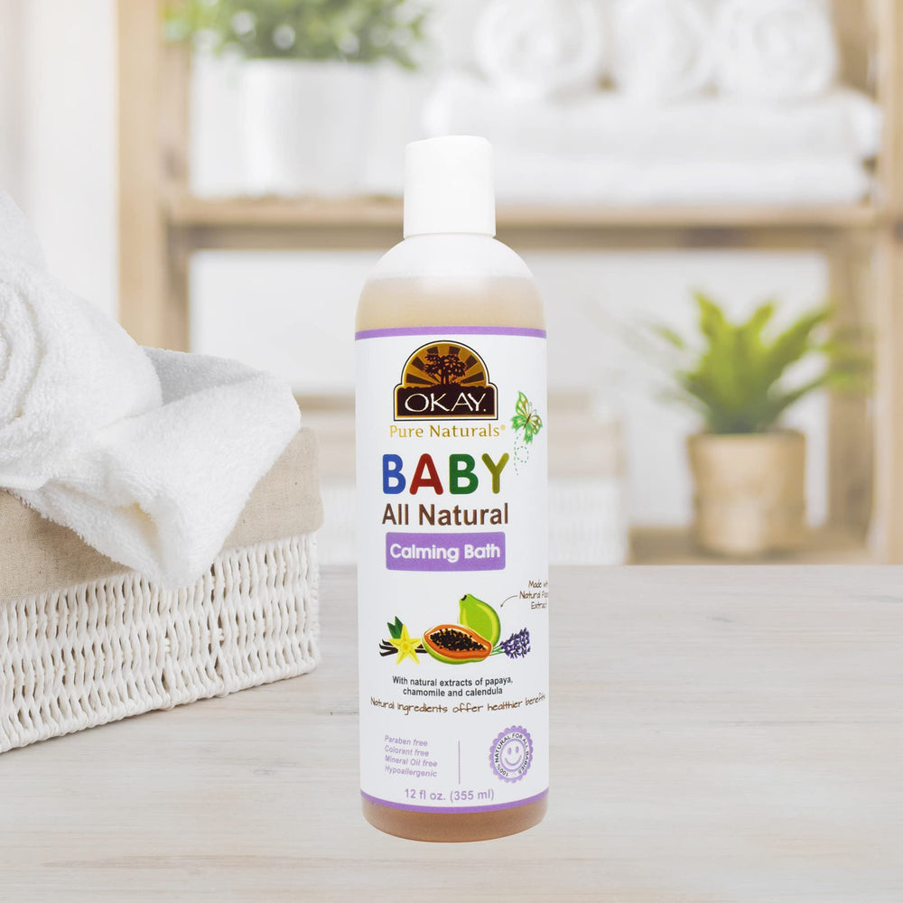 OKAY Baby Calming Bath label front highlighting natural papaya and lavender