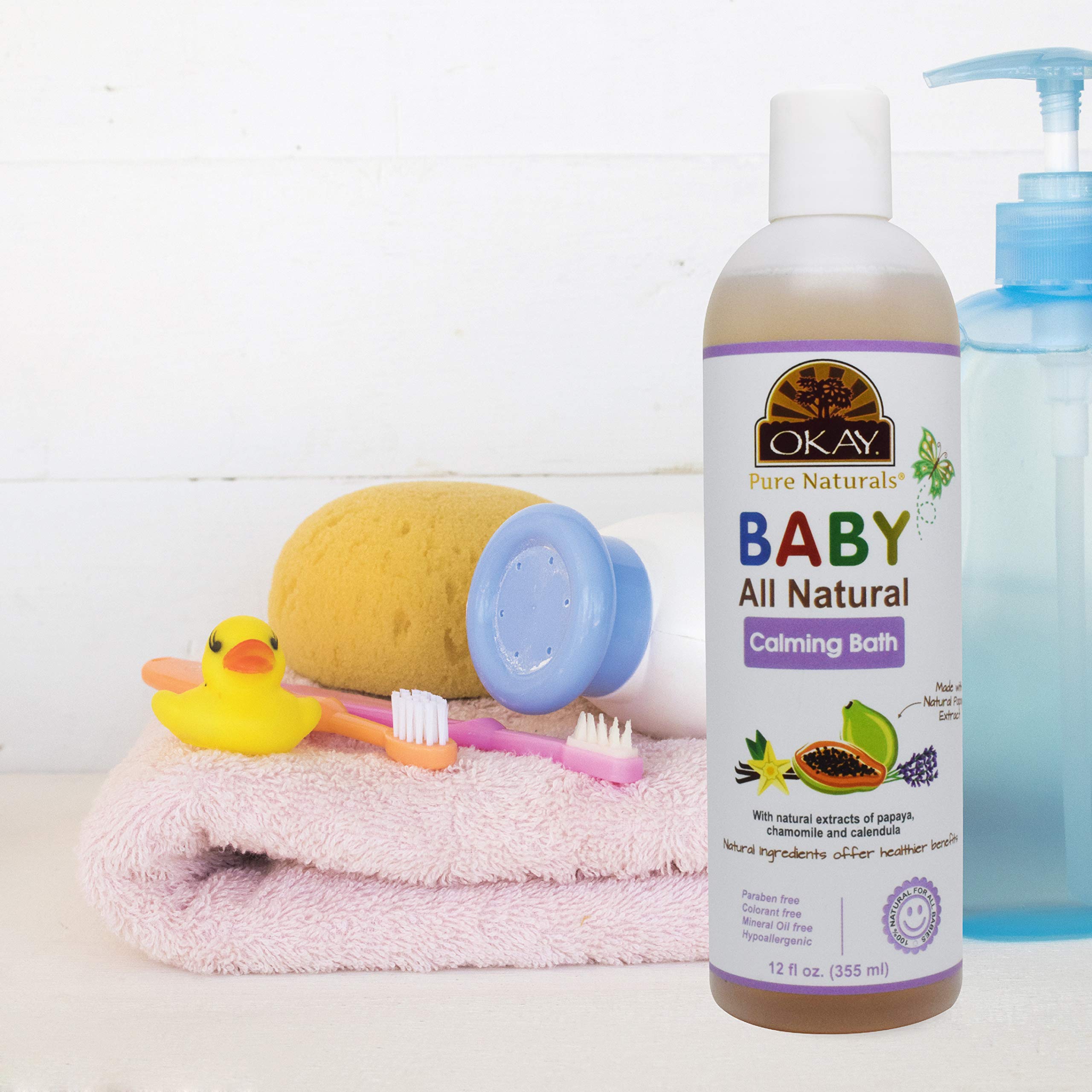 OKAY Baby Calming Bath vanilla lavender closeup with calming aroma for baby skin