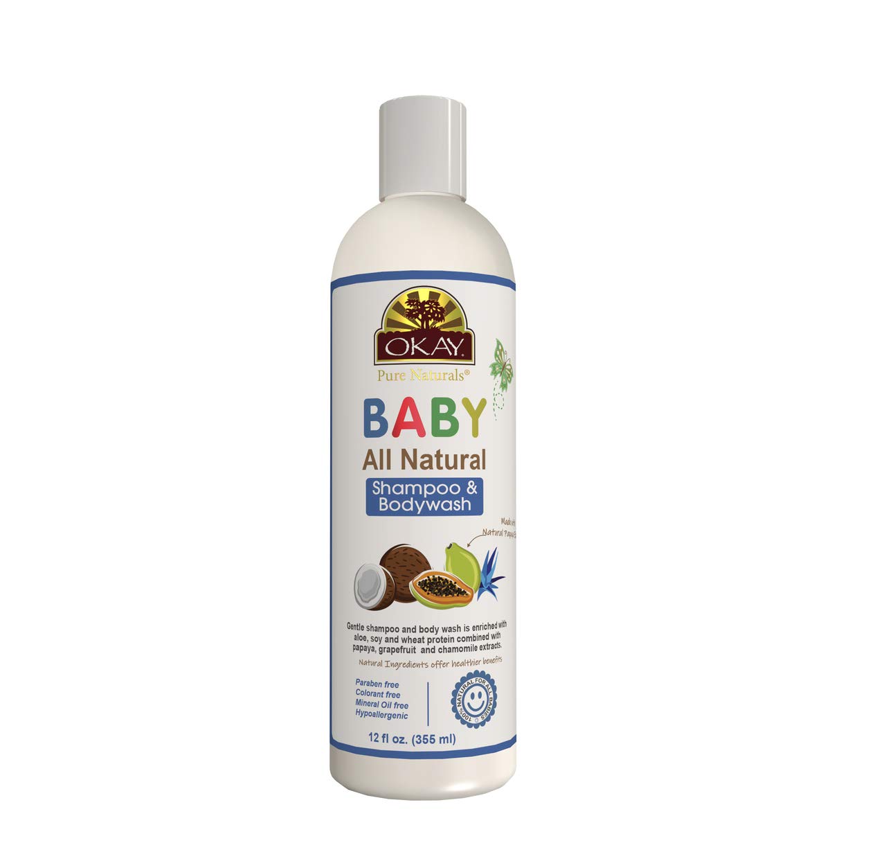 OKAY Baby Shampoo and Body Wash bottle front with gentle formula for sensitive skin.