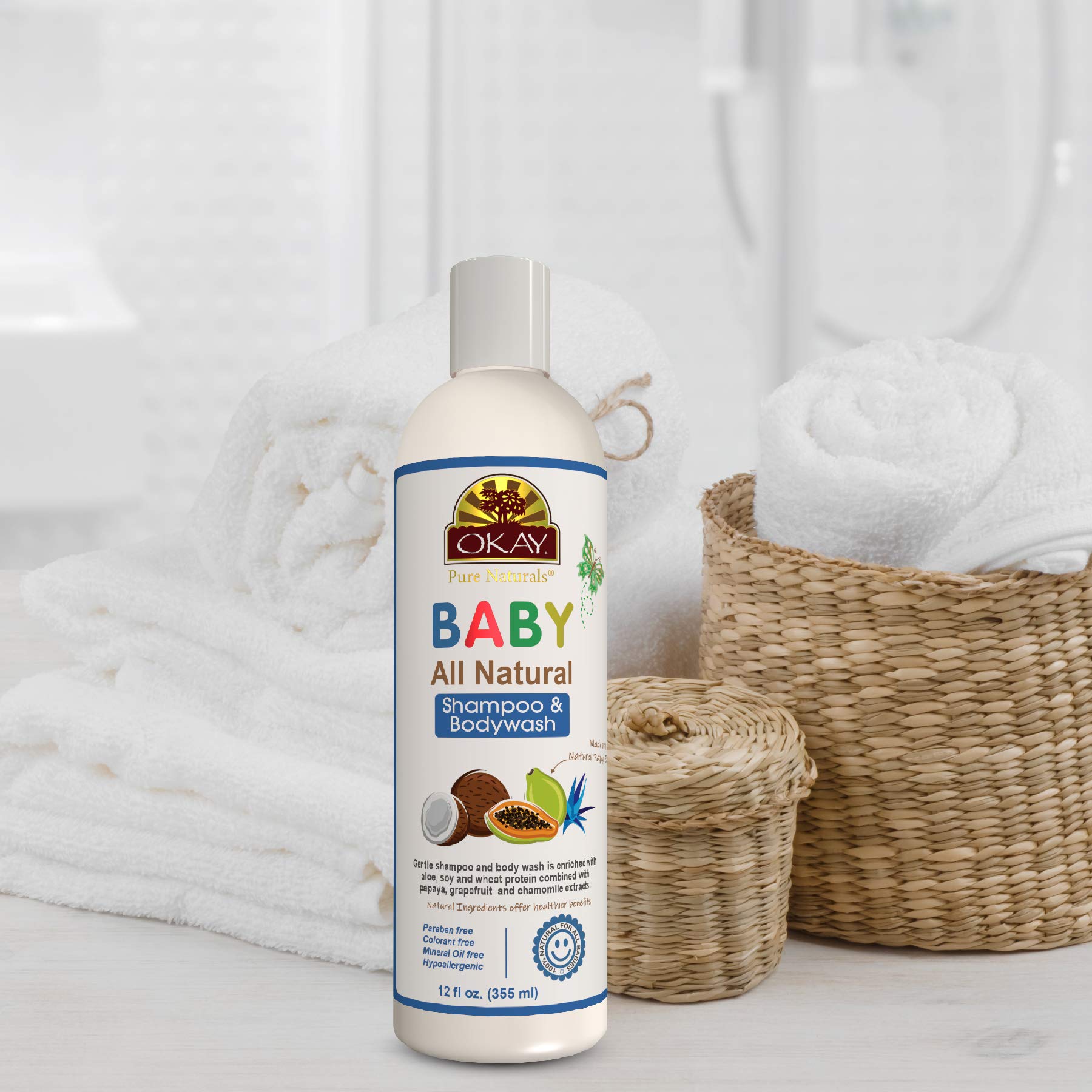 OKAY Baby Shampoo and Body Wash creates light, creamy lather for bath time.