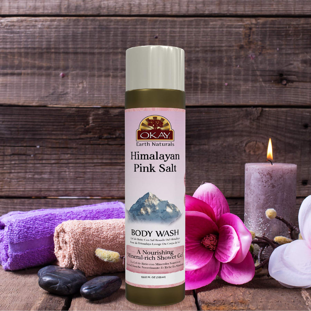 OKAY Himalayan Pink Salt Body Wash foam delivers mineral-rich cleansing for refreshed skin.