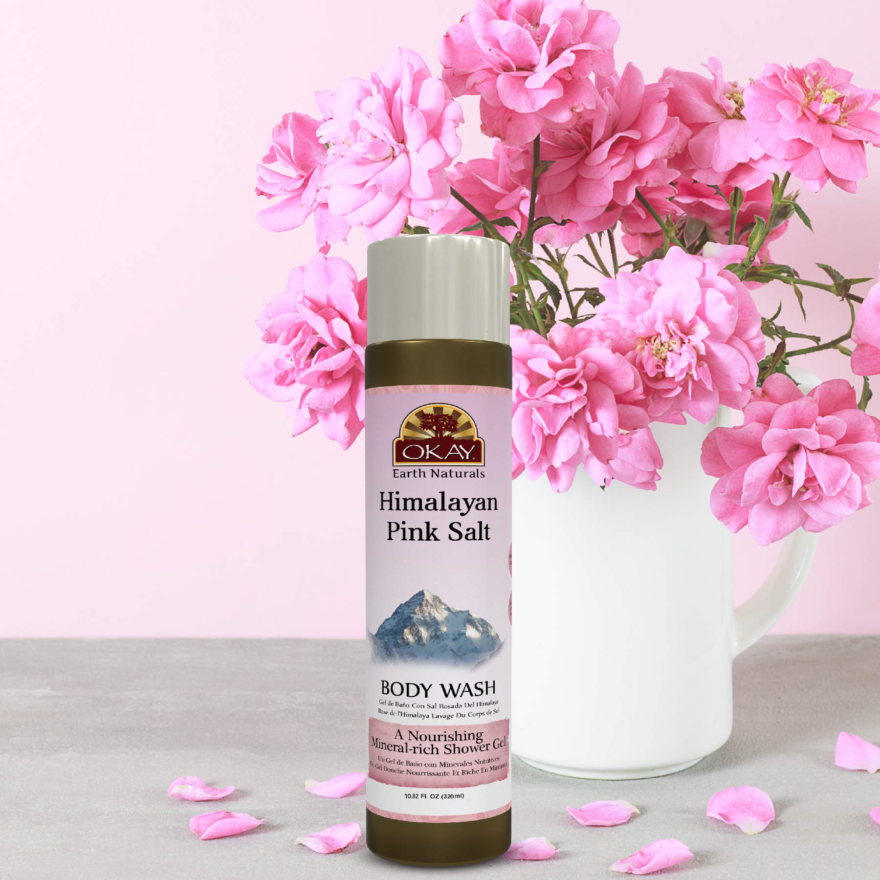 OKAY Himalayan Pink Salt Body Wash lather conveys spa-like pampering in the shower.