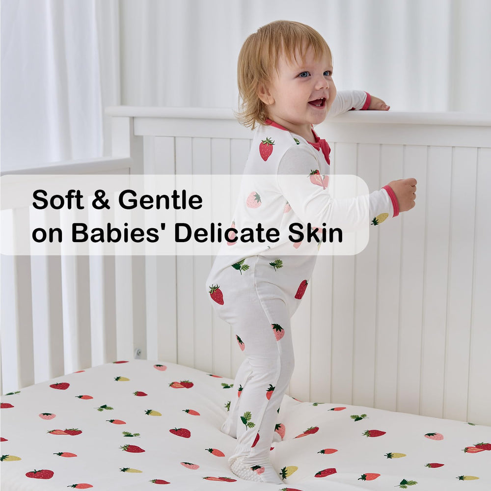 Okayinn Bamboo crib sheet on standard mattress highlights durable stitching.