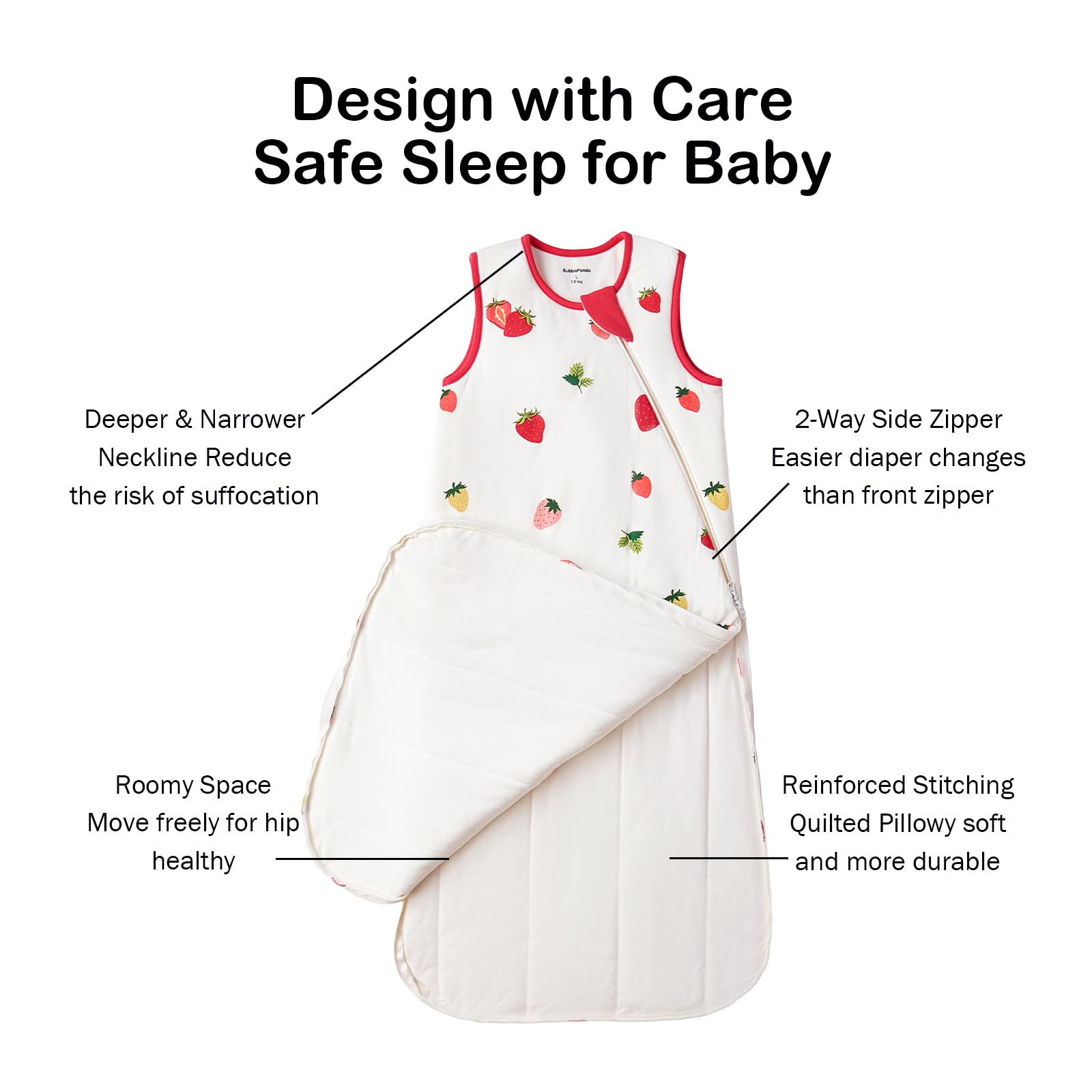 Okayinn BubblePanda sleep sack with narrow neckline enhances safety and fit.