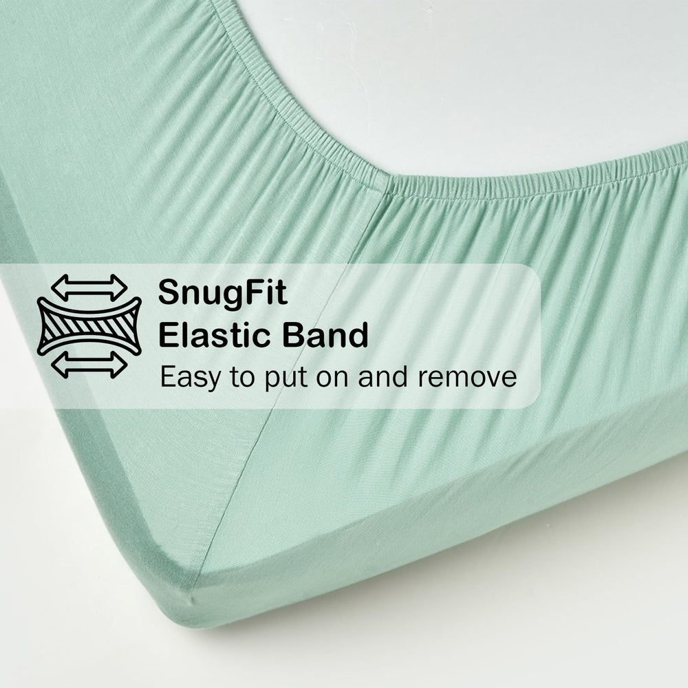 Okayinn BubblePanda crib sheet stretch-fit close-up shows secure 360-degree elastic