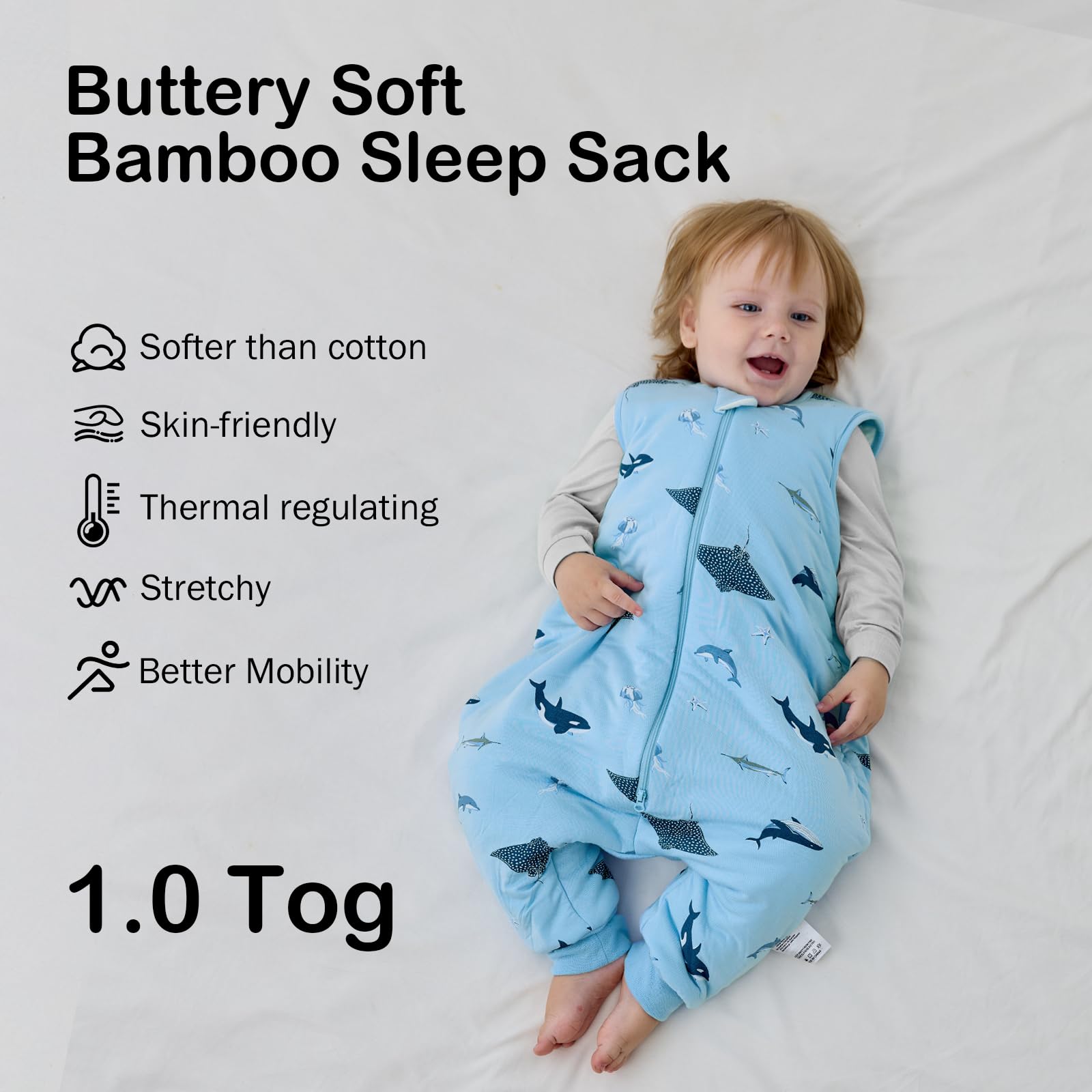 Okayinn BubblePanda sleep sack showing 2-way zipper for easy midnight changes.