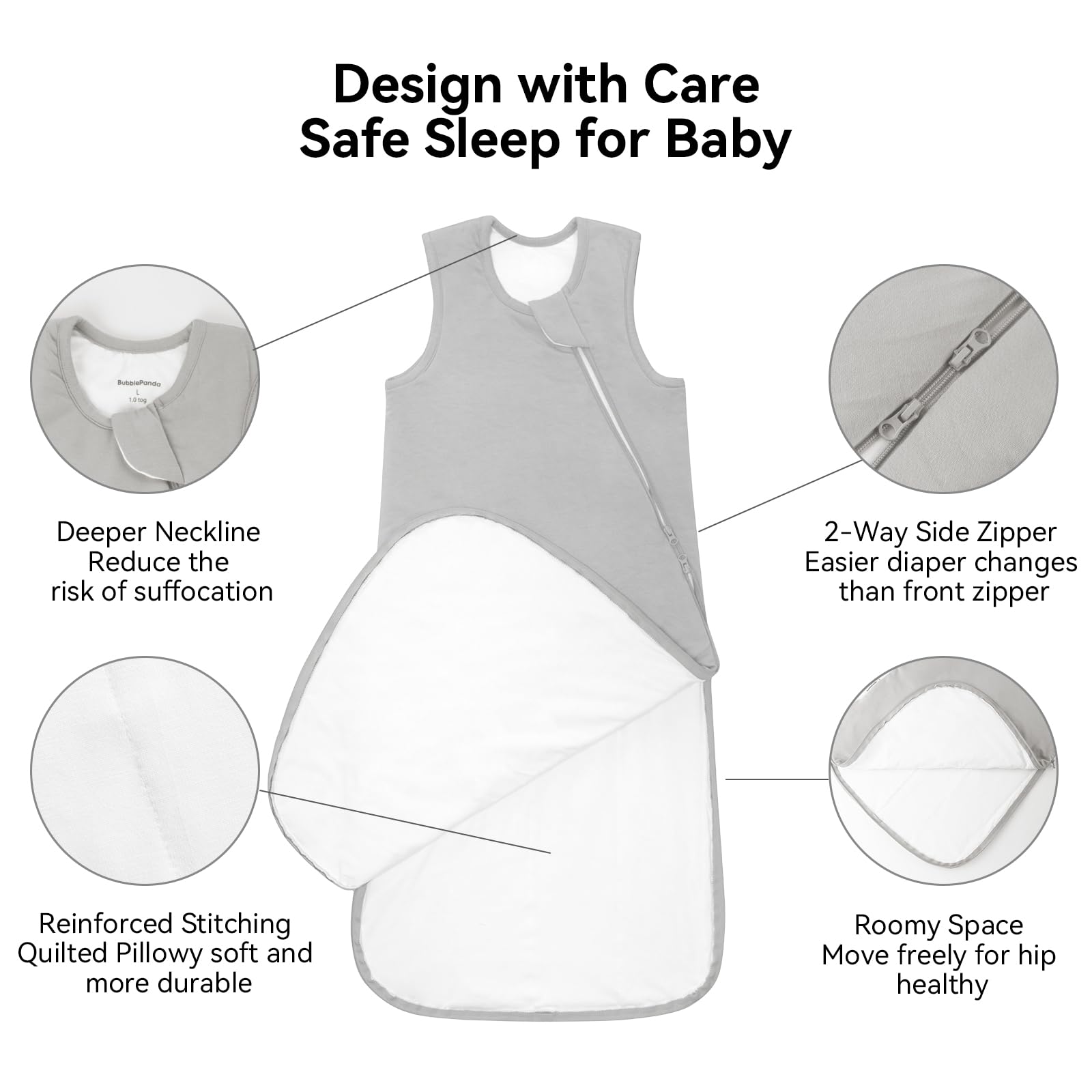 Okayinn BubblePanda sleep sack features a deep-neckline for snug, safe wear.