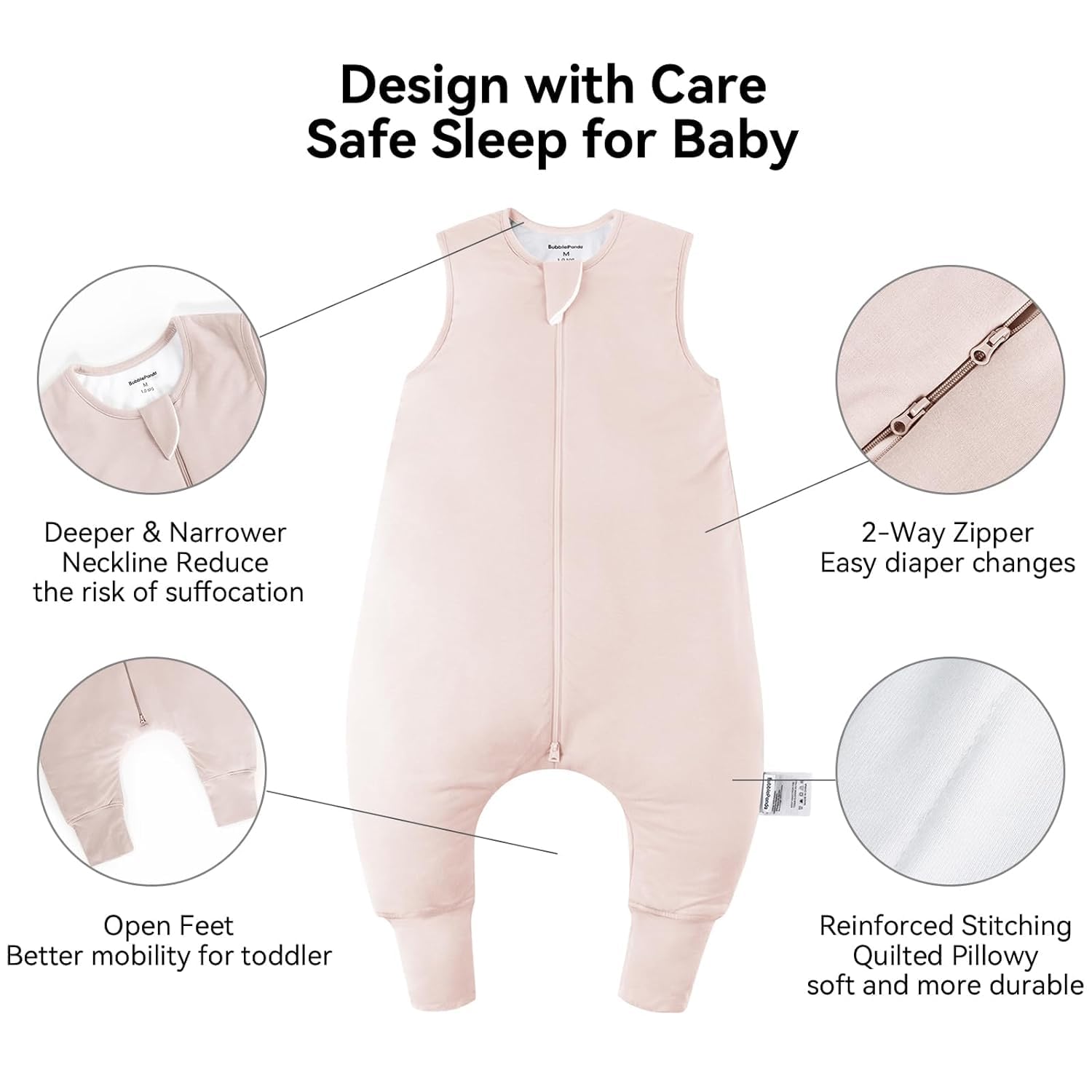 Okayinn BubblePanda sleep sack with open feet design supports natural leg movement for crawling.