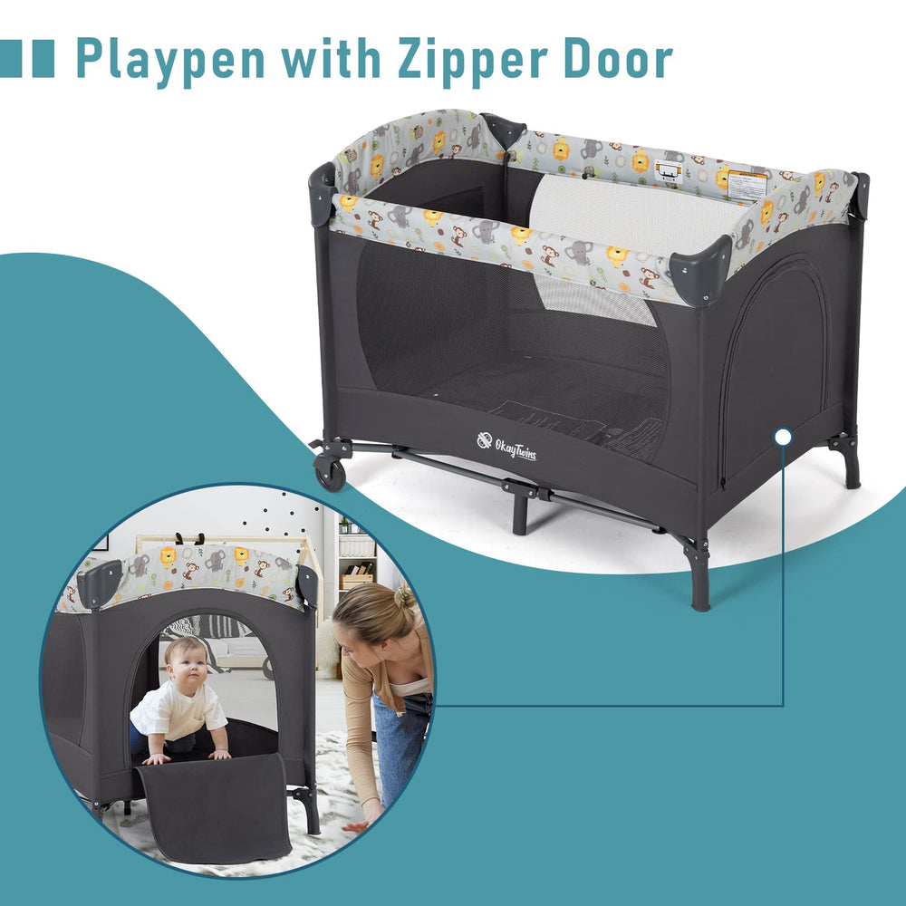 Okaytwins converts to a portable playpen with a zippered door.