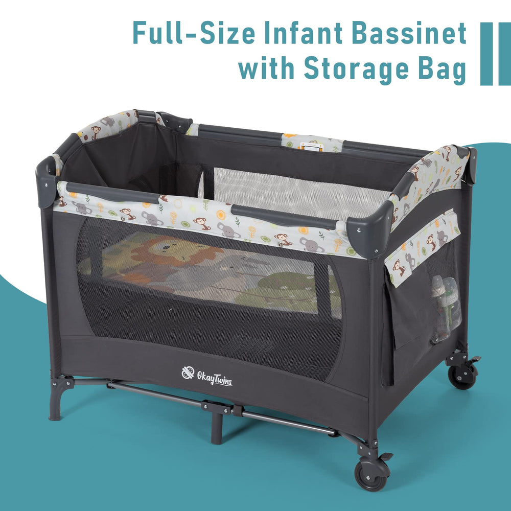 Okaytwins Mesh sides offer visibility and breathability for baby comfort.