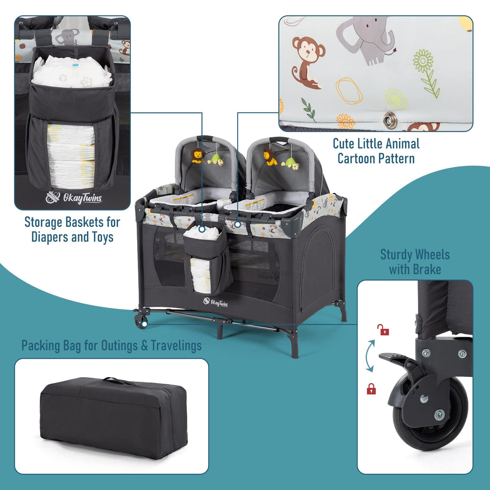 Okaytwins includes storage pockets and wheels with brakes for mobility.