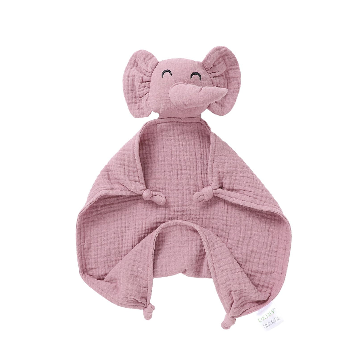 Okdiy elephant lovey in muslin fabric offers a soft security blanket for newborns