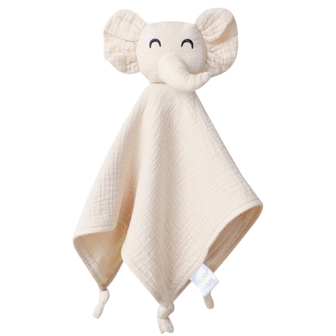 OKDIY Elephant Lovey demonstrates soft muslin fabric for gentle newborn comfort.