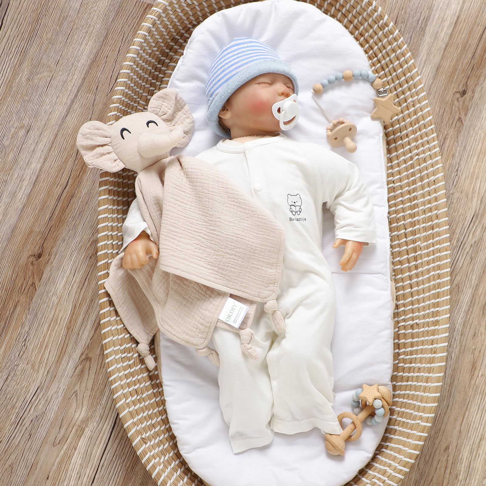 OKDIY Elephant Lovey features natural organic cotton for safe snuggling.