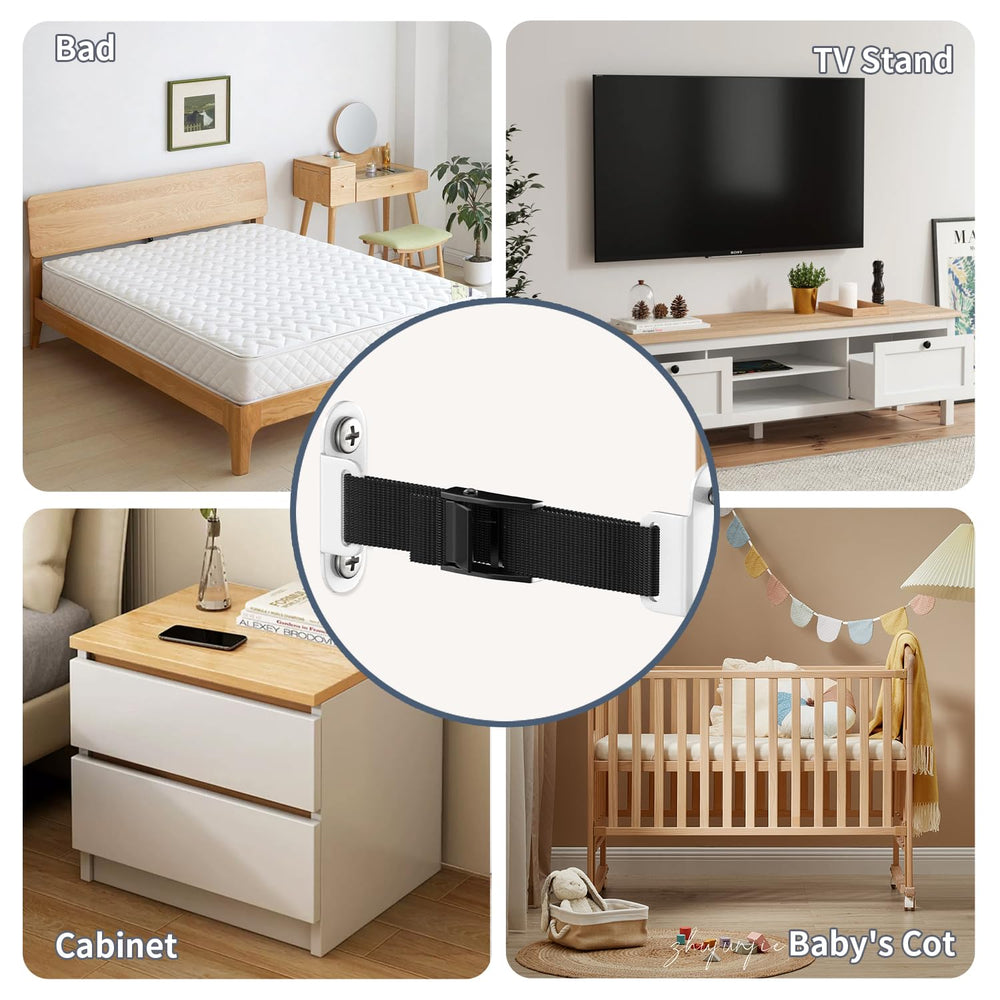OKE Anti-tip strap in-use shows stabilizing furniture during play and activity.